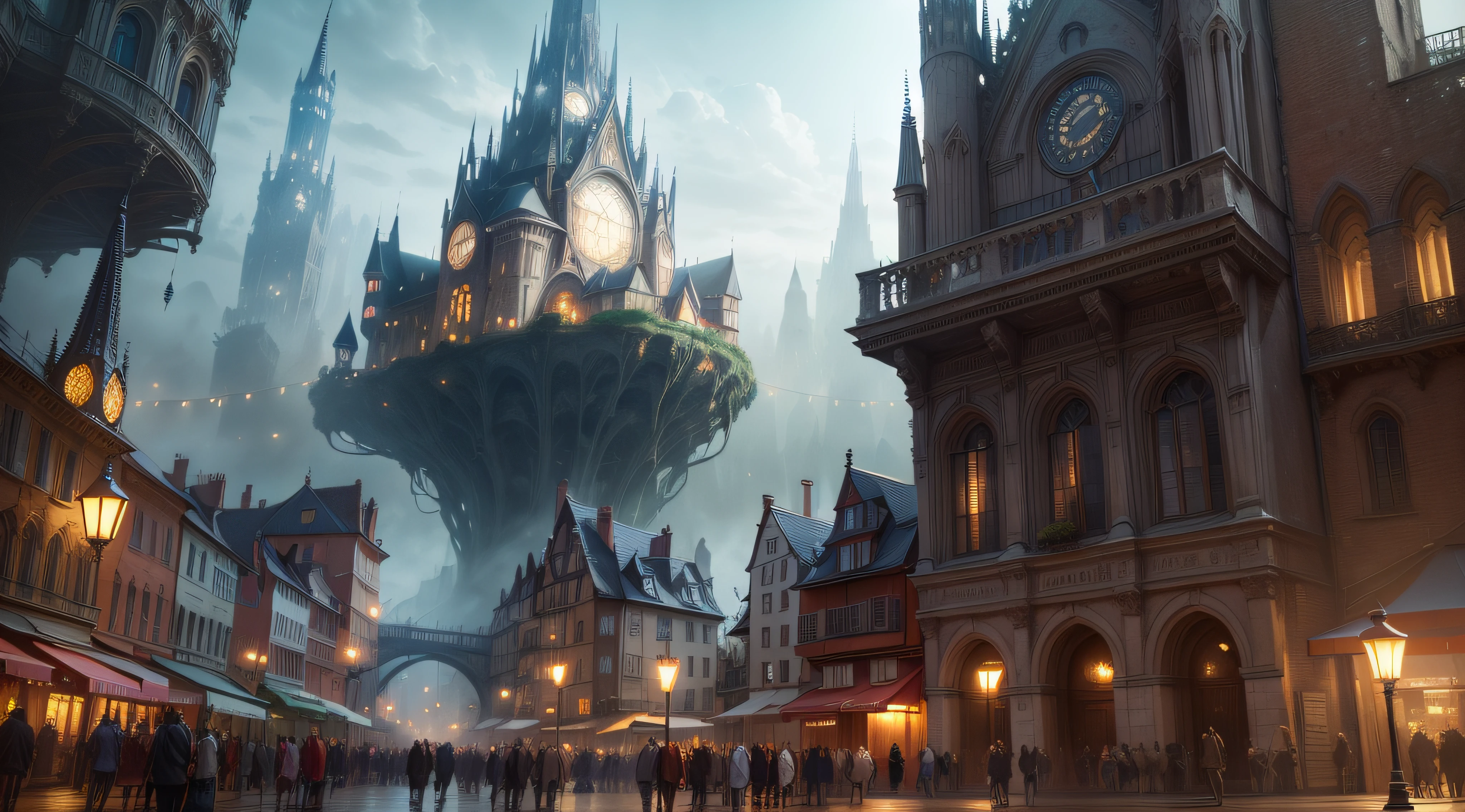 jiji，Sparse crowd，Streets，((chic), Best Picture Quality, Visual spectacle, Magical atmosphere, (FANTASY CITY OR QUIET MAGIC CITY), Summary of details, Immersive, (SPECIAL EFFECT LIGHTING OR LIVE LIGHTING))，middle ages，Europeans，Gothic architecture，Realistic light and shadow，high resolusion，Ultra detailded，Realistic texture，Bold textures，Crazy textures,