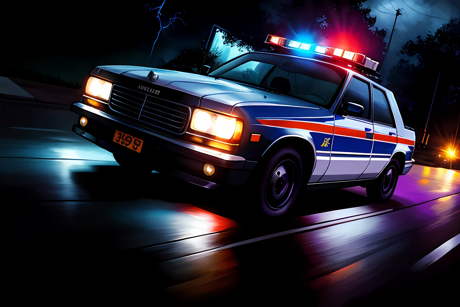 ((Comic style)), police car, estrada, cidade noturna, particles, chuva leve, noite, chuva, graves, lightning, fundo detalhado, (arte de Frank Miller), ((empty hands)), obra-prima, (realista:1.3), perfect illumination, sombreamento perfeito, (textura realista do tecido), hiper-realista, dynamic movement, (fotorrealista:1.5)