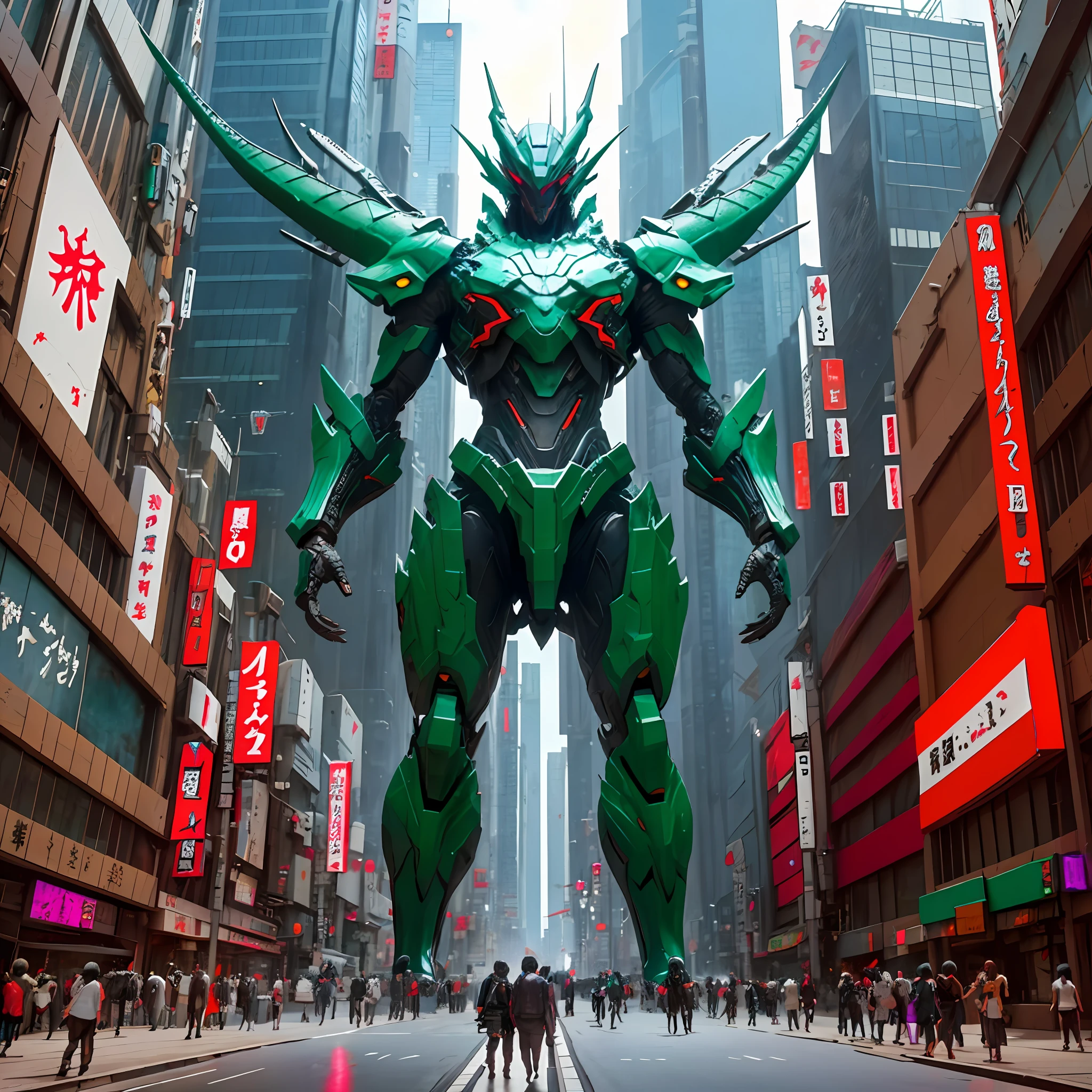 There is a huge purple alien in the city, giant anime mecha, in neotokyo, hyperrealistic photo of rayquaza, masterpiece work of art, in tokio, Giant sculpture, artist unknown, tokio futuristic in background, (neotokyo), cyberpunk gunma prefecture, in intergalactic japan, from the distance, public art