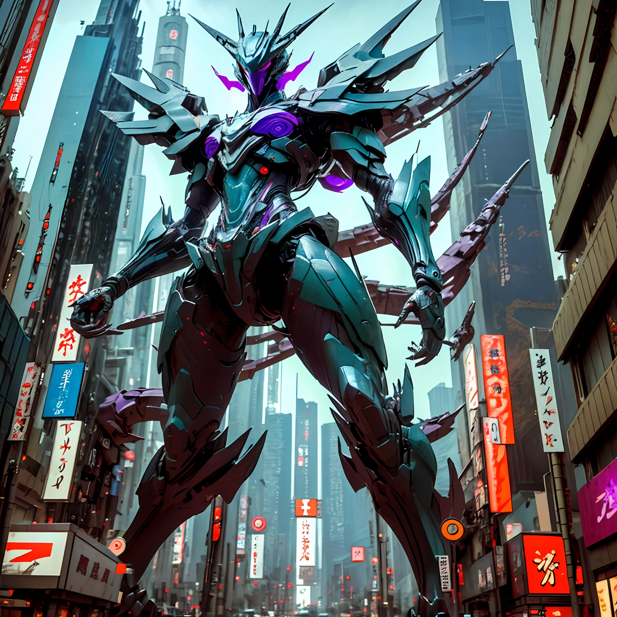 There is a huge purple alien in the city, giant anime mecha, in neotokyo, hyperrealistic photo of rayquaza, masterpiece work of art, in tokio, Giant sculpture, artist unknown, tokio futuristic in background, (neotokyo), cyberpunk gunma prefecture, in intergalactic japan, from the distance, public art