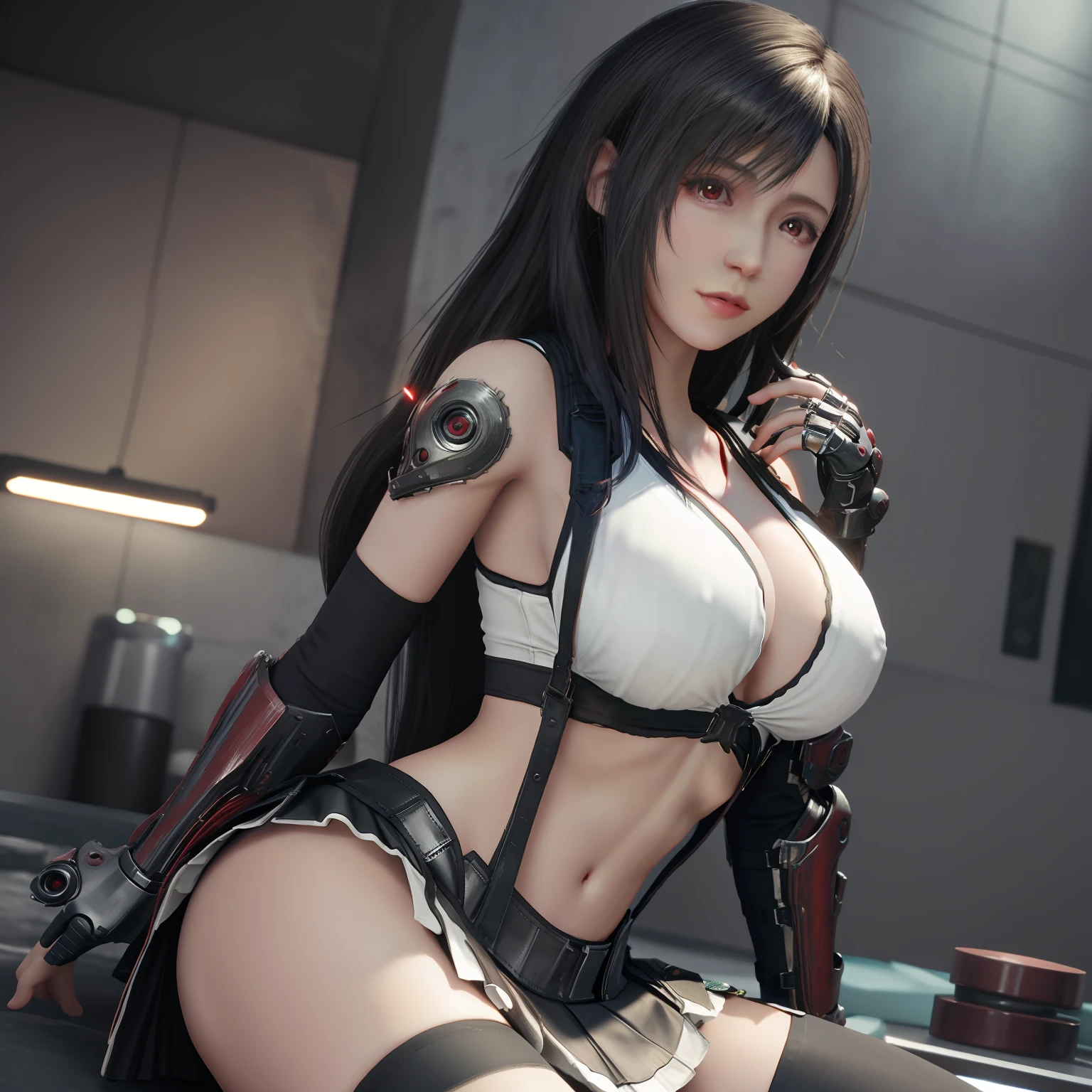 araffed woman in a white top and leather pants posing for a picture, tifa lockhart, seductive tifa lockhart portrait, tifa, tifa lockheart, tifa lockhart portrait, portrait of tifa lockhart, glamorous tifa lockheart, tifa lockhart with white hair, biomechanical oppai, oppai cyberpunk, cinematic bust shot, beautiful female assassin, big boobs, cleavage, show cleavage, major cleavage, skimpy clothes, short skirt, mini skirt, skimpy skirt, lewd UHD, masterpiece, anatomically correct, super detail, high details, high quality, best quality, highres, 16k