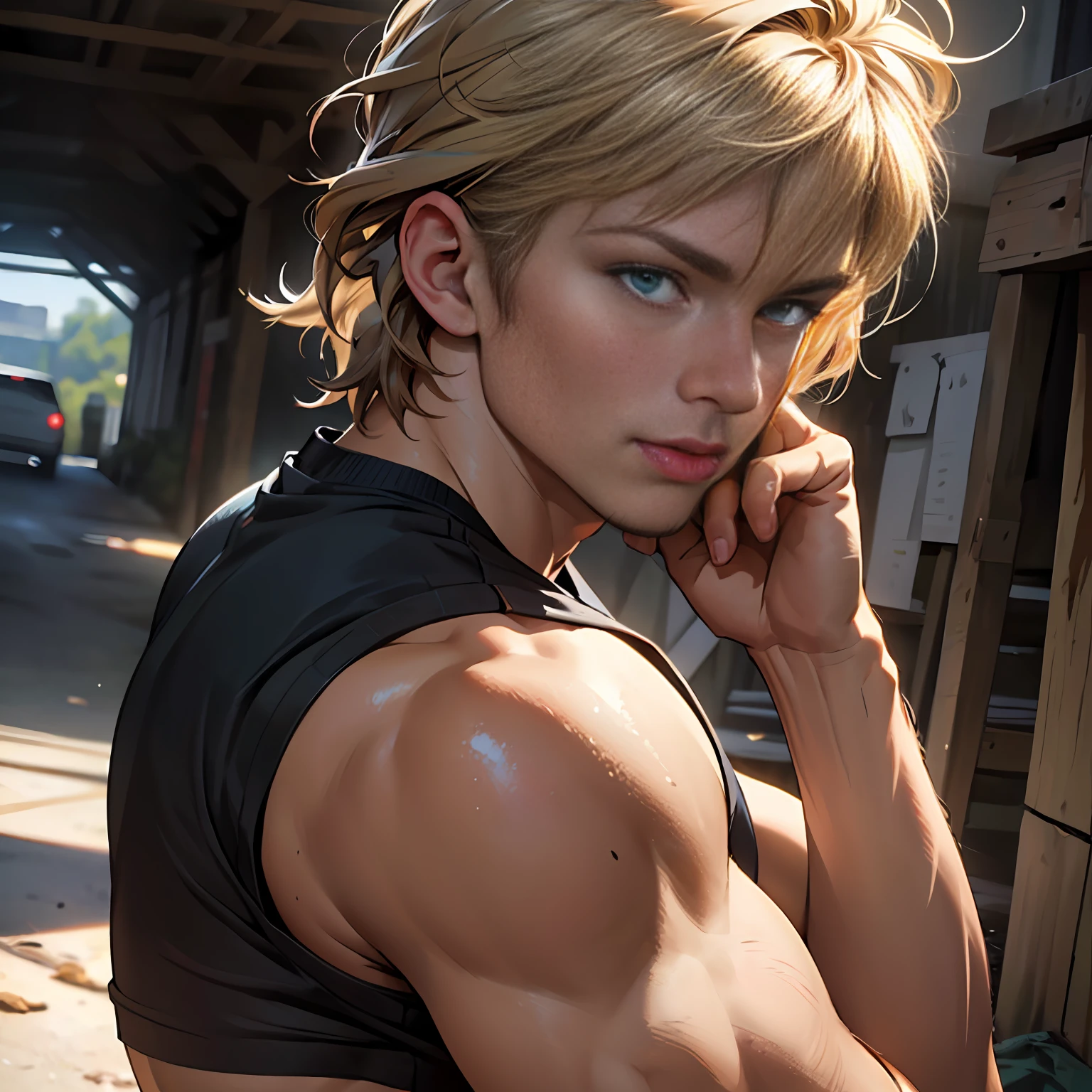 (RAW photo, best quality), (realistic, photo-realistic:1.3), masterpiece, an extremely manly and masculine, extremely detailed, CG, unity , 2k wallpaper, Amazing, finely detail, extremely detailed CG unity 8k wallpaper, huge filesize, ultra-detailed, highres, absurdres, soft light, blonde, bangs between eyes,messy hair, pietroboselli person, tan skin, detailed fingers, extremely detailed blue eyes and face, beautiful detailed nose, beautiful detailed eyes, light on face, looking at viewer, (1boy, young face), realistic face, realistic body, short shorts, shirtless, big bulge on shorts, big rounded ass