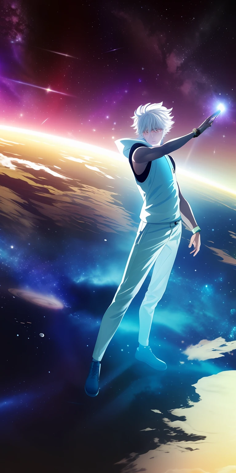 8k, best quality, masterpiece, 1boy, man made of space, celestial being, looking at galaxy in palm, pose, glowing eyes, in space, skin made of space, white hair,