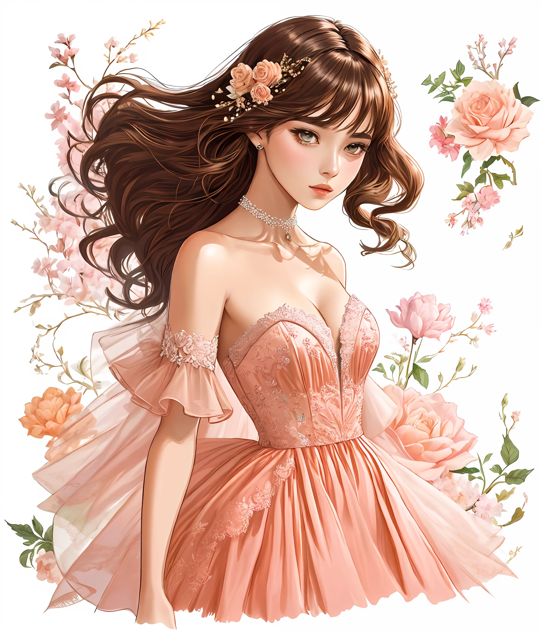 um close up de uma mulher em um vestido e uma bolsa, in style of digital illustration, trending on artstration, detailed fashion illustration, Cartoon style illustration, luxury fashion illustration, illustration style, No Bowater Art Style, estilo de arte impressionante, exquisite digital illustration, Estilo de desenho bonito, mulher bonito, in shades of peach, arte digital de um elegante