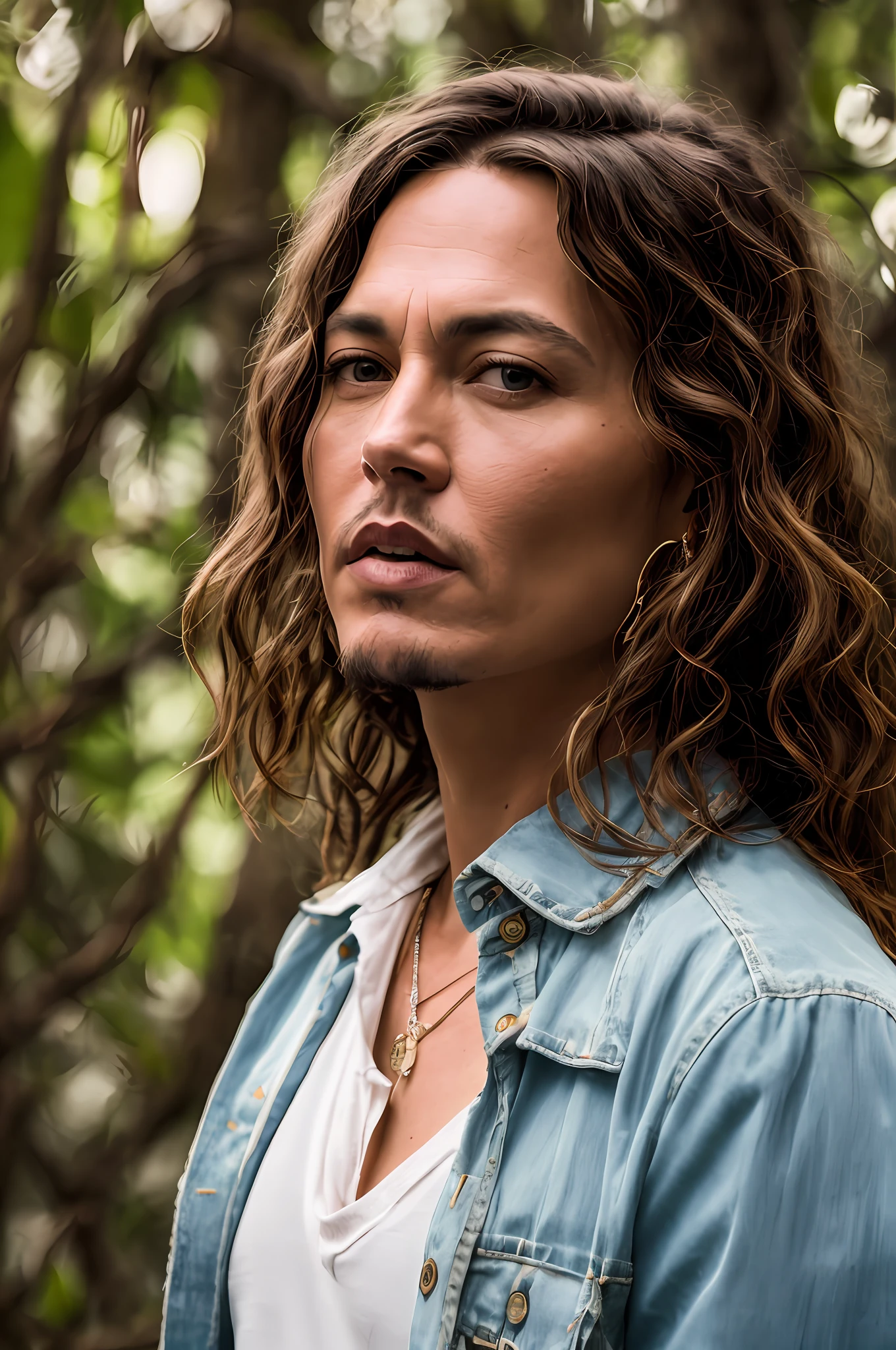 Masterpiece, Johnny Depp Walks Through the Jungle (Night of Fireflies), (High Detail: 1 1), Rough Face, Natural Skin, High Quality, NSFW, Beautiful Eyes, (Detailed Face and Eyes), (Face :1 2), noise, extra, real photo, PSD, light film photography, sharp focus, contrast lighting, detailed skin, high resolution 8k, crazy detail, realistic, professional photography, 8k UHD, DSLR, soft light , high quality, film grain, Fujifilm XT3