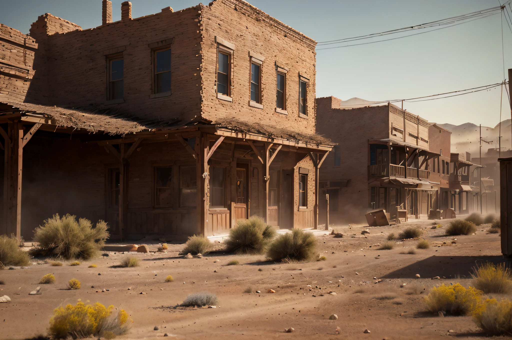 ((photo)), ((best quality)), ((masterpiece)), ((detailed)), ((cinematic shot), ((captured from eye level)), building exterior, an authentic, detailed, classic spaghetti western movie style ghost town set backdrop, dust storm background, tumble weeds scattered around.