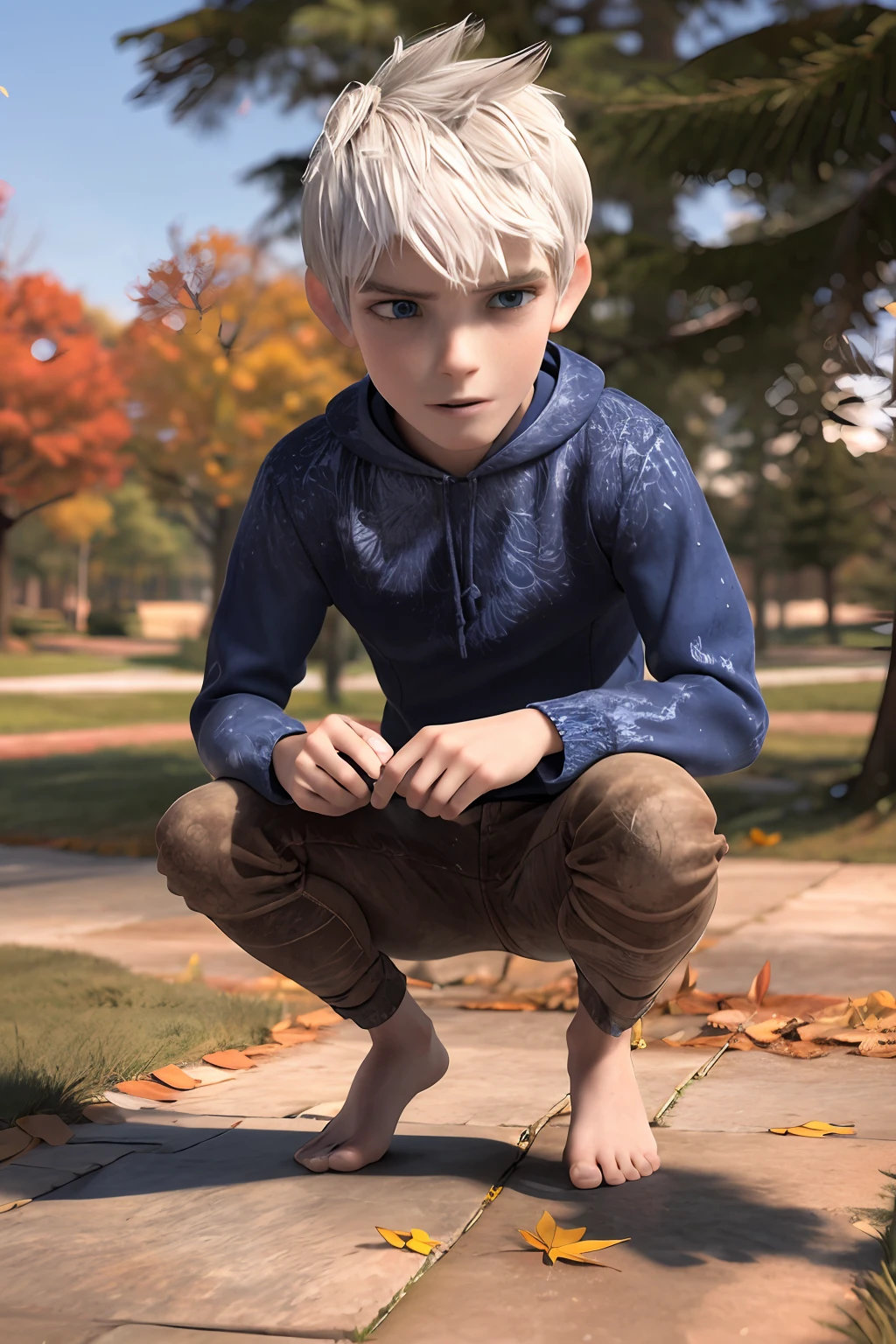 beautiful, masterpiece, simple background, best quality, detailled image, colorfull, vibrant colors,
1boy, Jack_Frost, solo,  white hair, short hair, blue eyes, Shock,
skindentation, detailed face, male focus, perfect eyes, full body, 
outdoors, nature, sitting on the grass, Autumn, leaves, windy, cool,
realistic, 3d, Cartoon,