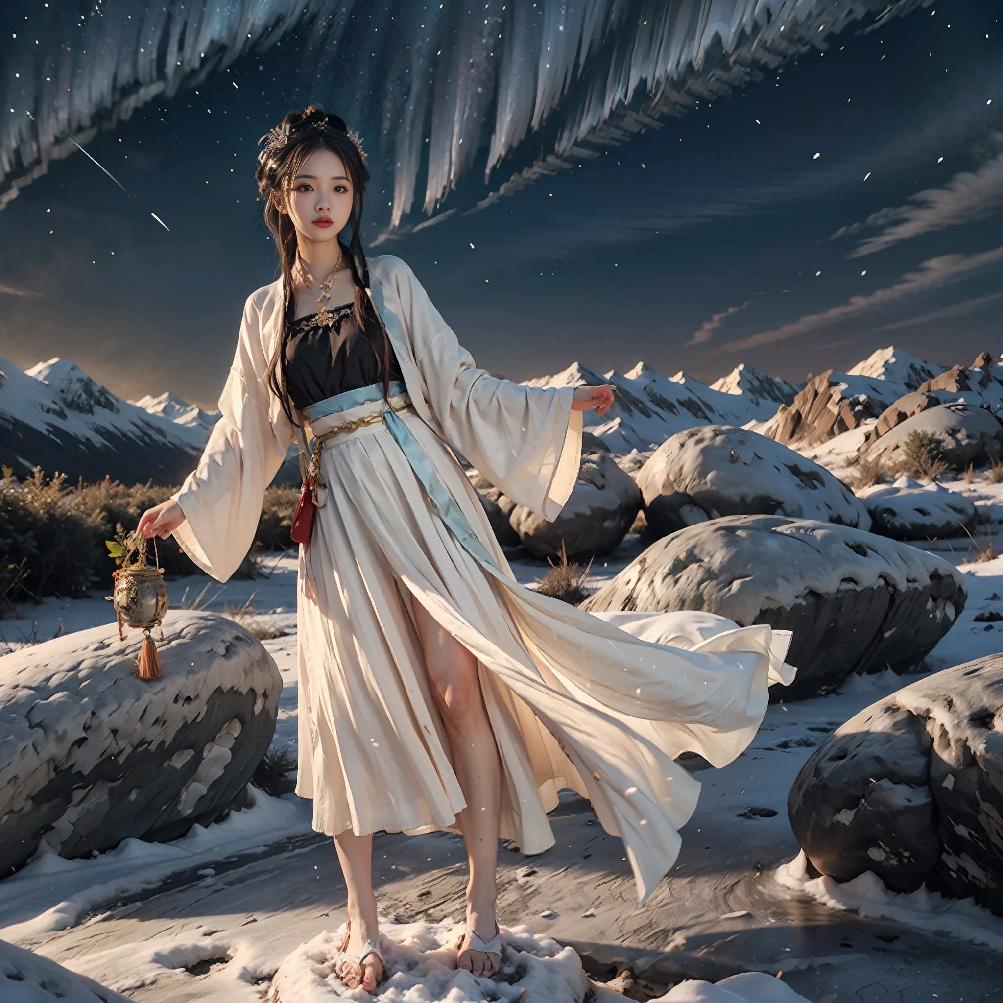 Vast landscape photo, above is the sky in the middle is the snow mountain below, a girl standing on the snow looking up, exquisite background, winter, snow mountain, BREAK making art, (cold light source: 1.2), intricate details, volumetric lighting BREAK (Masterpiece: 1.2), (Best Quality), 4k, Ultra Detailed, (Dynamic Composition: 1.4), Rich Detail, (Solo: 1.2), Blush, Extra Lots of Details, Delicate Hair, Messy Hair, Smile, Hanfu, Slip Dress, Perfect Hand, Right Hand, Sapphire Pendant, Blue Pupil, Ice Mage, Snowscape, Snow, Snowflake, Glacier, Arctic, Blue Crystal, Lots of Blue White, Dreamy, Mythical, Perfect Cloud, Legs Exposed, Bare Feet, Thighs Exposed,