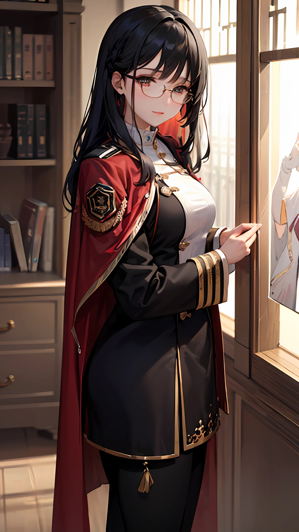 animel、最佳品质、highly resolution、Standing Picture、Handsome and beautiful cool woman、Librarian、know、Long shiny and detailed black hair、Black military uniform,With a noble and meticulous design cloak、Wearing intelligent and good-looking glasses、elegant、gorgeous、Detailed cartoon-like red and cold eyes、Luxury、elegantly、glamor、Good looking --auto