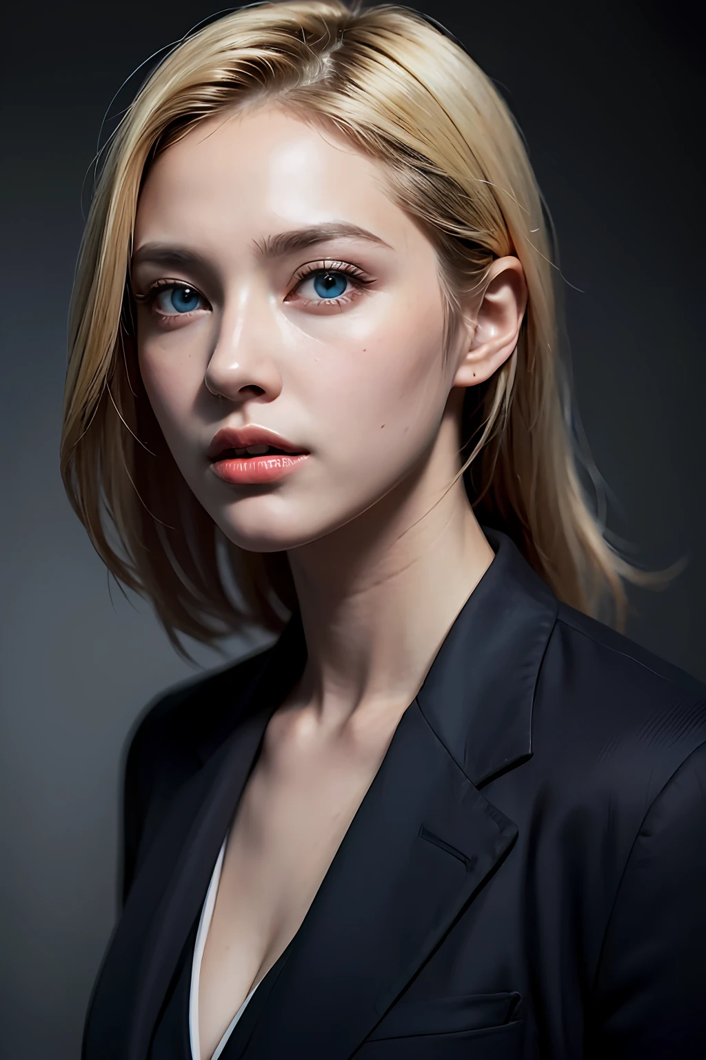 Best quality, masterpiece, ultra high res, (photorealistic:1.4), raw photo, 1girl, blonde hair, blue eyes, detailed eyes and face, black suit, dynamic lighting, in the dark, deep shadow, low key, cowboy shot full-lenght body
