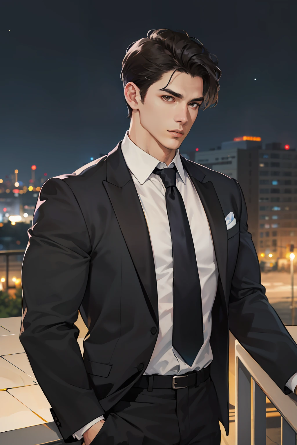 (absurdres, highres, ultra detailed, realistic, ), 1 male, solo, adult, mature, tall muscular guy, broad shoulders, handsome, very short hair, black hair, brown eyes, angular jaw, thick neck, thick eyebrows, night, dark, the night view of the city background, formal suit, necktie, upper body