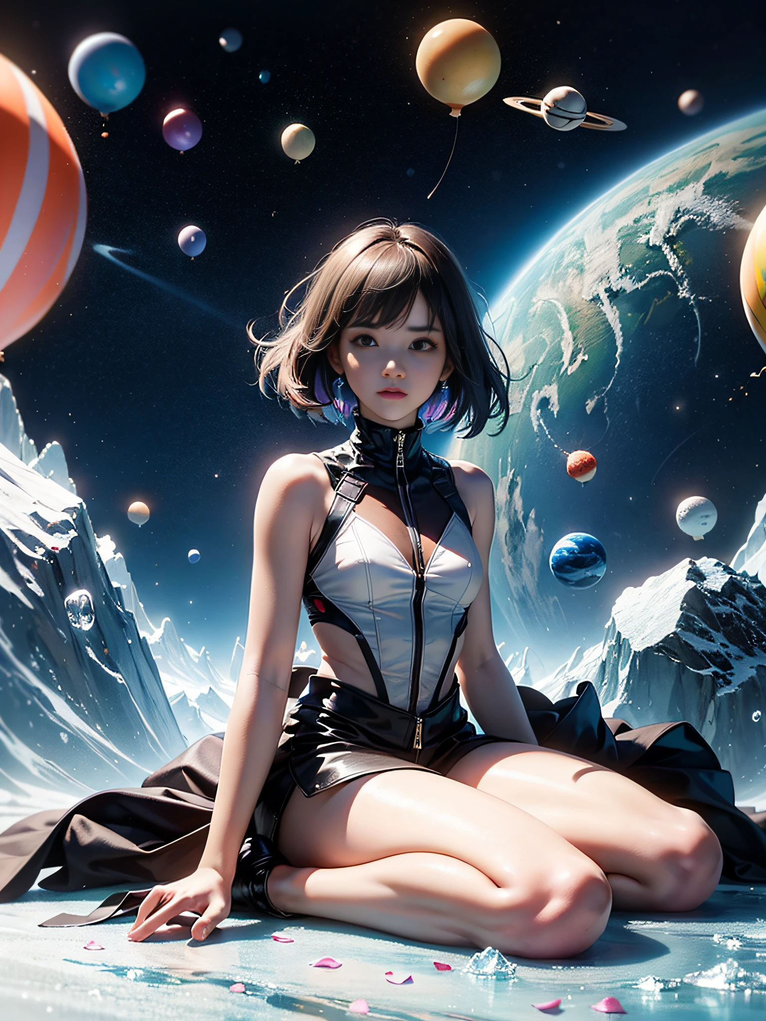 ([balloons:Small planets:0.5]:1.4), (Small_planets inside of balloons:1.4), (lots of colorful Small_planetes:1.35)
(colorful planets, earth, Floating petals, big balloons:1.22),
1 girl, Cute face,
Full body, Sitting, Detailed beautiful eyes, Bare legs, costume combination, Goddess, Perfect body, [NSFW:0.88]
(sitting on ice_planetes:1.22)
(lots of [floting blue Butterflies:floting ice:0.4]:1.22)
(Detailed light), (An extremely delicate and beautiful), volume light, best shadow,Cinematic lighting, Depth of field, Dynamic angle, Oily skin,