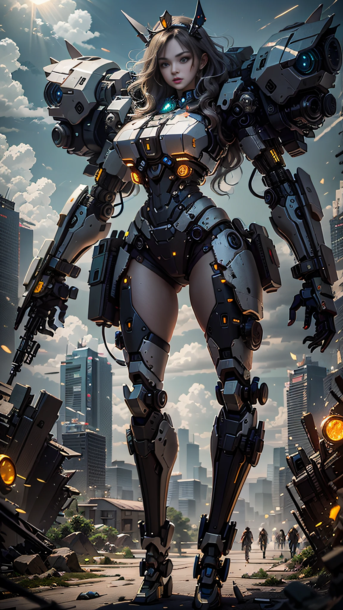 ((Best Quality)), ((Masterpiece)), (Very Detailed:1.3), 3D, Shitu-mecha, Beautiful cyberpunk woman wearing a crown with her mecha in ruins of a city of forgotten wars, streets with mecha in firefight, long silver hair, sci-fi technology, HDR (High Dynamic Range), ray tracing, NVIDIA RTX, super resolution, Unreal 5, subsurface scattering, PBR texture, post-processing, anisotropic filtering, depth of field, maximum sharpness and sharpness, Multi-layer textures, albedo and specular maps, surface shading, accurate simulation of light-material interactions, perfect ratios, octane rendering, duotone lighting, low ISO, white balance, rule of thirds, wide aperture, 8K RAW, efficient sub-pixels, subpixel convolution, luminous particles, light scattering, Tyndall effect