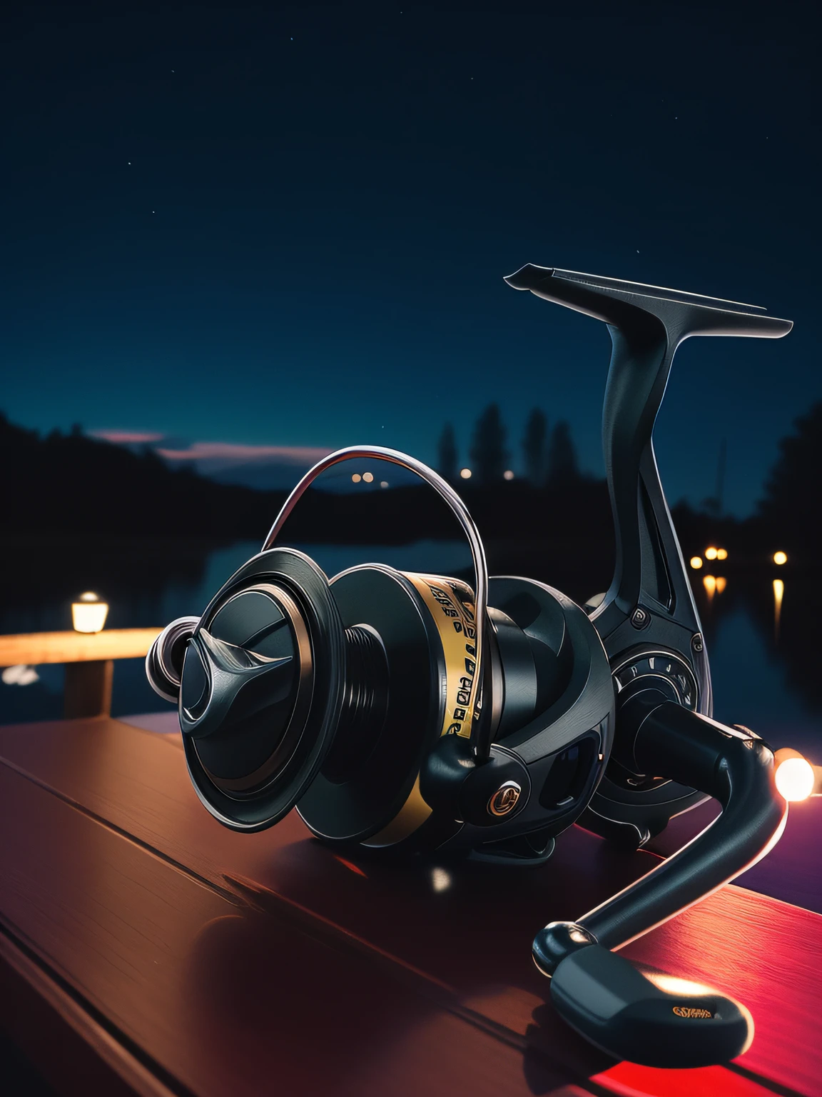 arafed fishing reel on a dock at night with a lake in the background, Product photo 35mm", night setting, highly detailed product photo, dark-toned product photos, on a dark background, outdoors at night, portrait shot, at night, high detail product photo, high quality product photo, close up portrait shot, night outdoors, nighttime, high quality picture