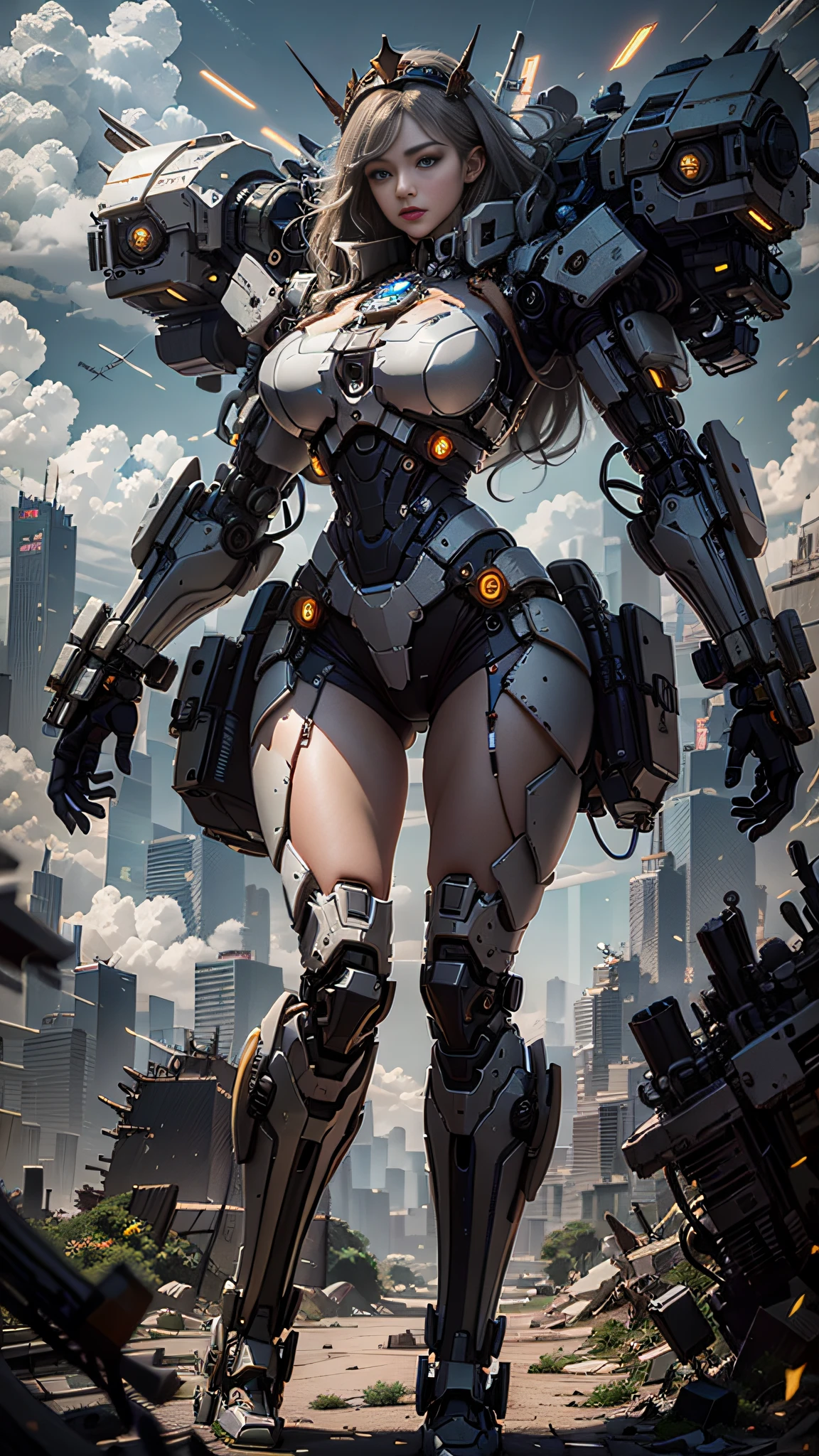 ((Best Quality)), ((Masterpiece)), (Very Detailed:1.3), 3D, Shitu-mecha, Beautiful cyberpunk woman wearing a crown with her mecha in ruins of a city of forgotten wars, streets with mecha in firefight, long silver hair, sci-fi technology, HDR (High Dynamic Range), ray tracing, NVIDIA RTX, super resolution, Unreal 5, subsurface scattering, PBR texture, post-processing, anisotropic filtering, depth of field, maximum sharpness and sharpness, Multi-layer textures, albedo and specular maps, surface shading, accurate simulation of light-material interactions, perfect ratios, octane rendering, duotone lighting, low ISO, white balance, rule of thirds, wide aperture, 8K RAW, efficient sub-pixels, subpixel convolution, luminous particles, light scattering, Tyndall effect