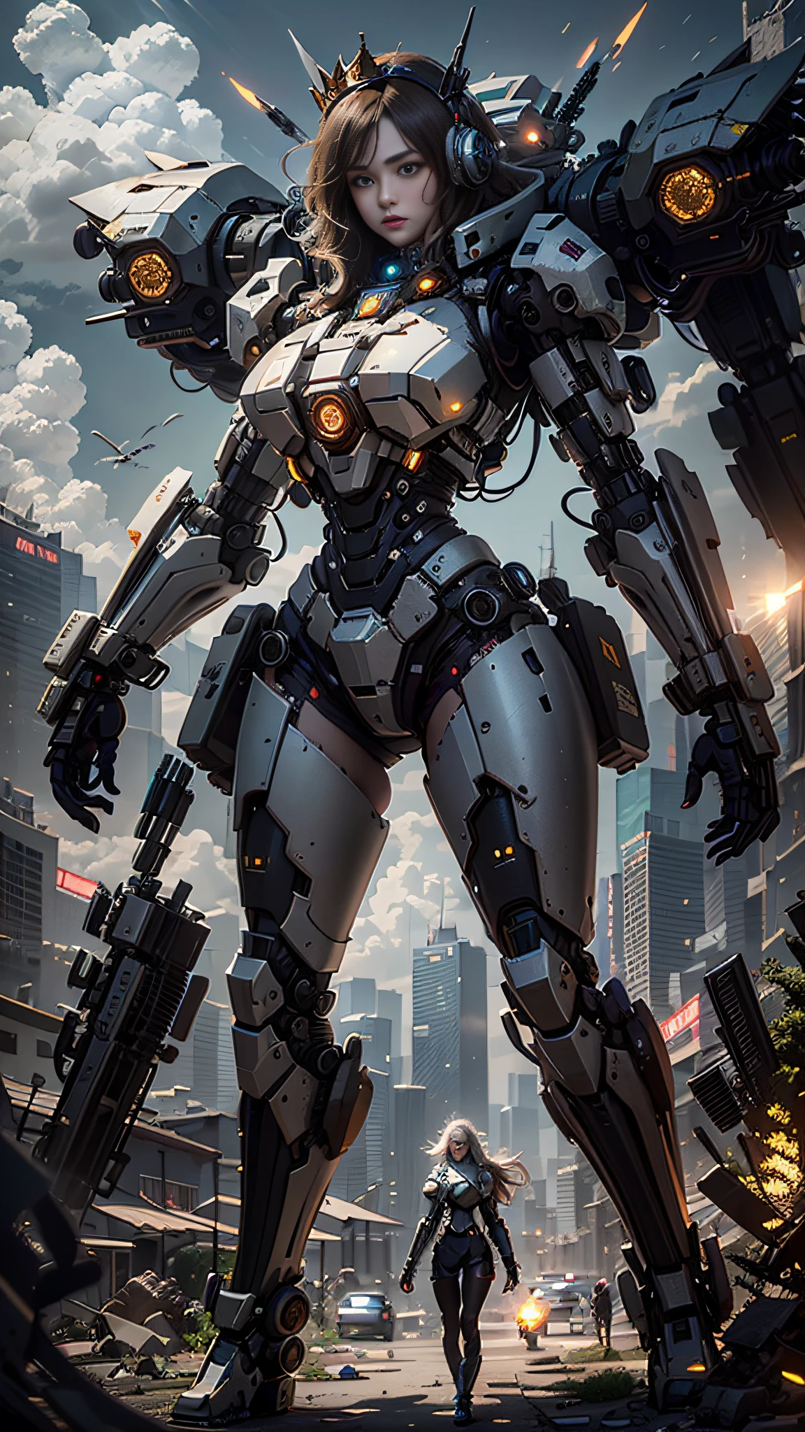((Best Quality)), ((Masterpiece)), (Very Detailed:1.3), 3D, Shitu-mecha, Beautiful cyberpunk woman wearing a crown with her mecha in ruins of a city of forgotten wars, streets with mecha in firefight, long silver hair, sci-fi technology, HDR (High Dynamic Range), ray tracing, NVIDIA RTX, super resolution, Unreal 5, subsurface scattering, PBR texture, post-processing, anisotropic filtering, depth of field, maximum sharpness and sharpness, Multi-layer textures, albedo and specular maps, surface shading, accurate simulation of light-material interactions, perfect ratios, octane rendering, duotone lighting, low ISO, white balance, rule of thirds, wide aperture, 8K RAW, efficient sub-pixels, subpixel convolution, luminous particles, light scattering, Tyndall effect