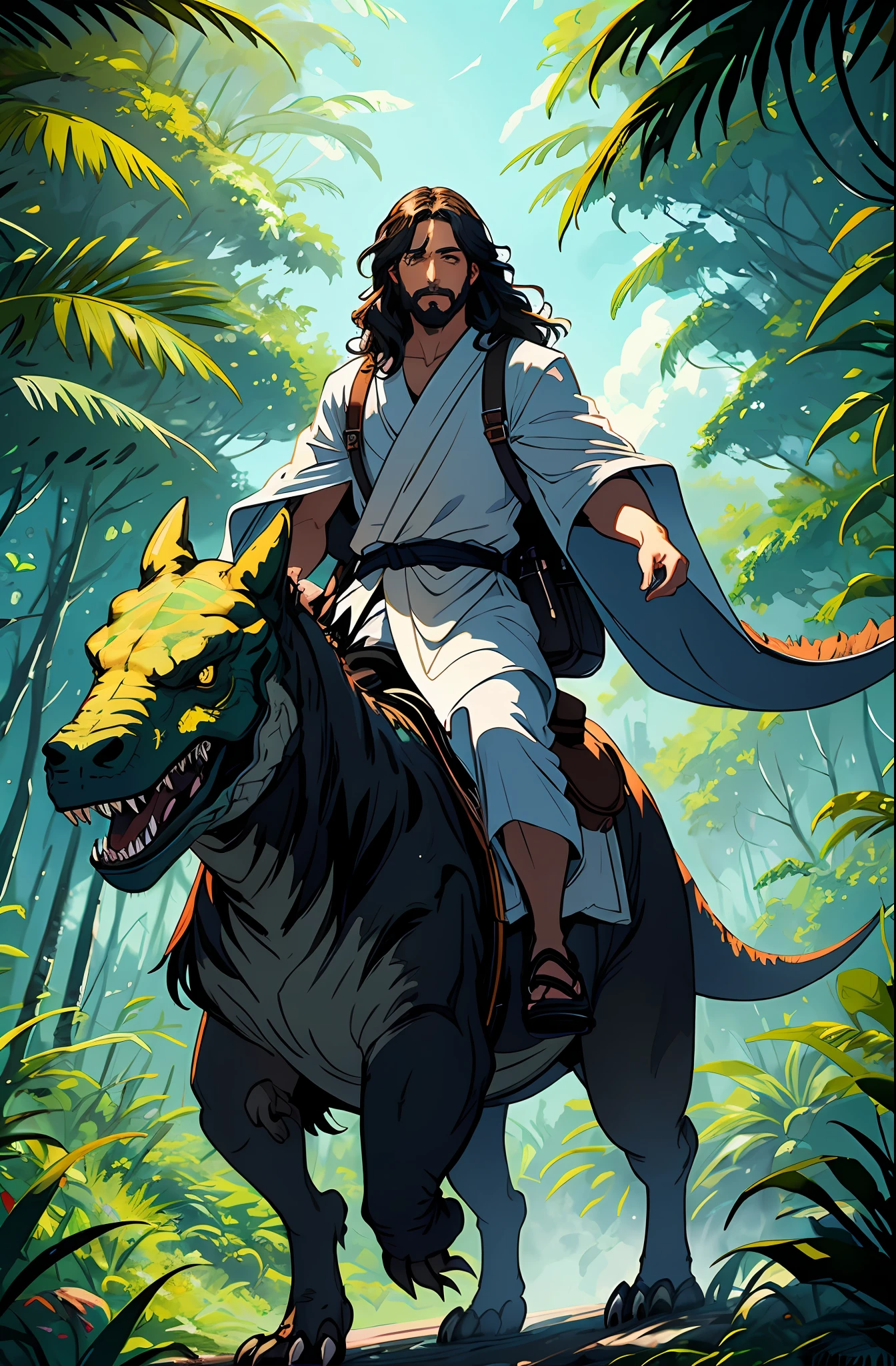 Imagine a digital artwork of Jesus riding a T-Rex, created by an AI artist. The scene is both epic and adorable, with Jesus sitting atop the T-Rex's back, holding onto its reins. The T-Rex is roaring with excitement, its sharp teeth and powerful muscles on full display. Jesus is wearing a white robe and sandals, with a peaceful expression on his face. The background is a lush jungle, with tall trees and vibrant foliage. The colors are bright and bold, with a touch of whimsy that captures the playful spirit of the scene. The lines are smooth and precise, giving the artwork a polished and professional look. Every detail is carefully crafted, from the texture of the T-Rex's skin to the folds in Jesus' robe. The artwork is a true masterpiece, showcasing the power and beauty of both Jesus and the T-Rex. Get ready to be amazed by the stunning digital artwork of Jesus riding a T-Rex, a true celebration of imagination and creativity!"