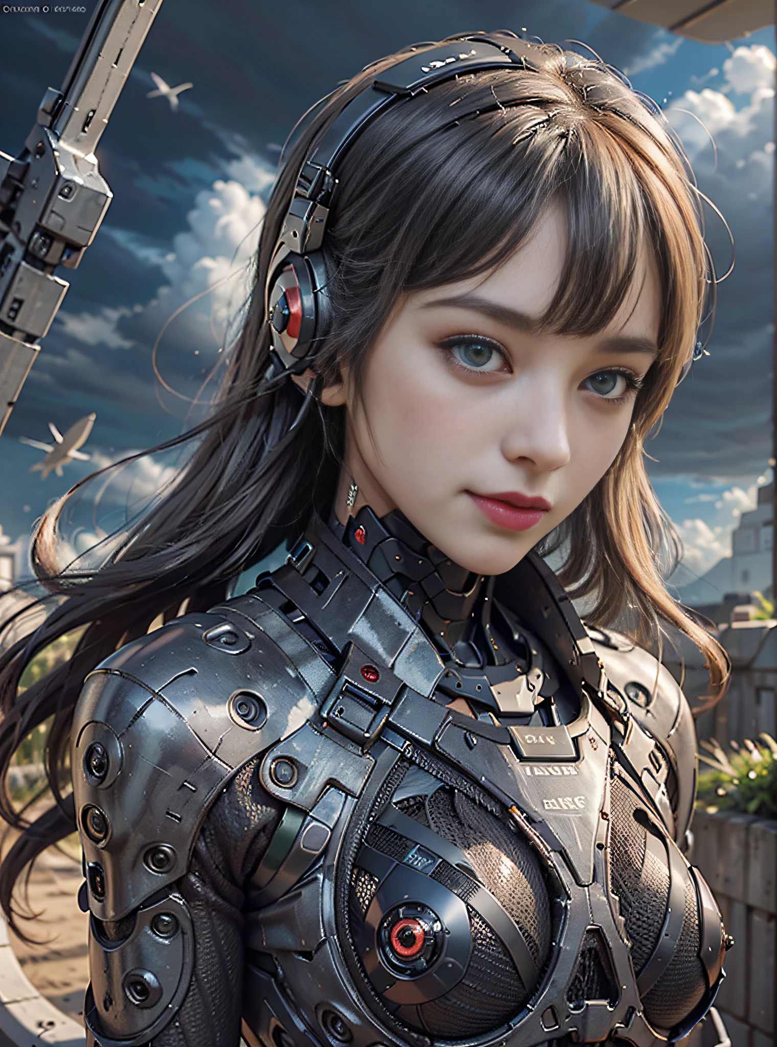8K, Best Quality, Masterpiece, Ultra High Resolution, (Realism: 1.4), Girl Futuristic Battle Suit, Green Pupils, In the cockpit of a mecha, Cloudy background, Dark Clouds, Lightning, Background of Air Battlefield, Falling Airplane, Flying Anti-Aircraft Missiles, Exploding Flames, Mechanically Built Birds, Real Woman, Cleavage, Real Face, Cute Girl, Smile, Perfect Cyborg Girl, Wearing Sci-Fi Headphones, Beautiful Female , Beautiful Girl Cyborg, Silver Hair, Manipulator, CG ,