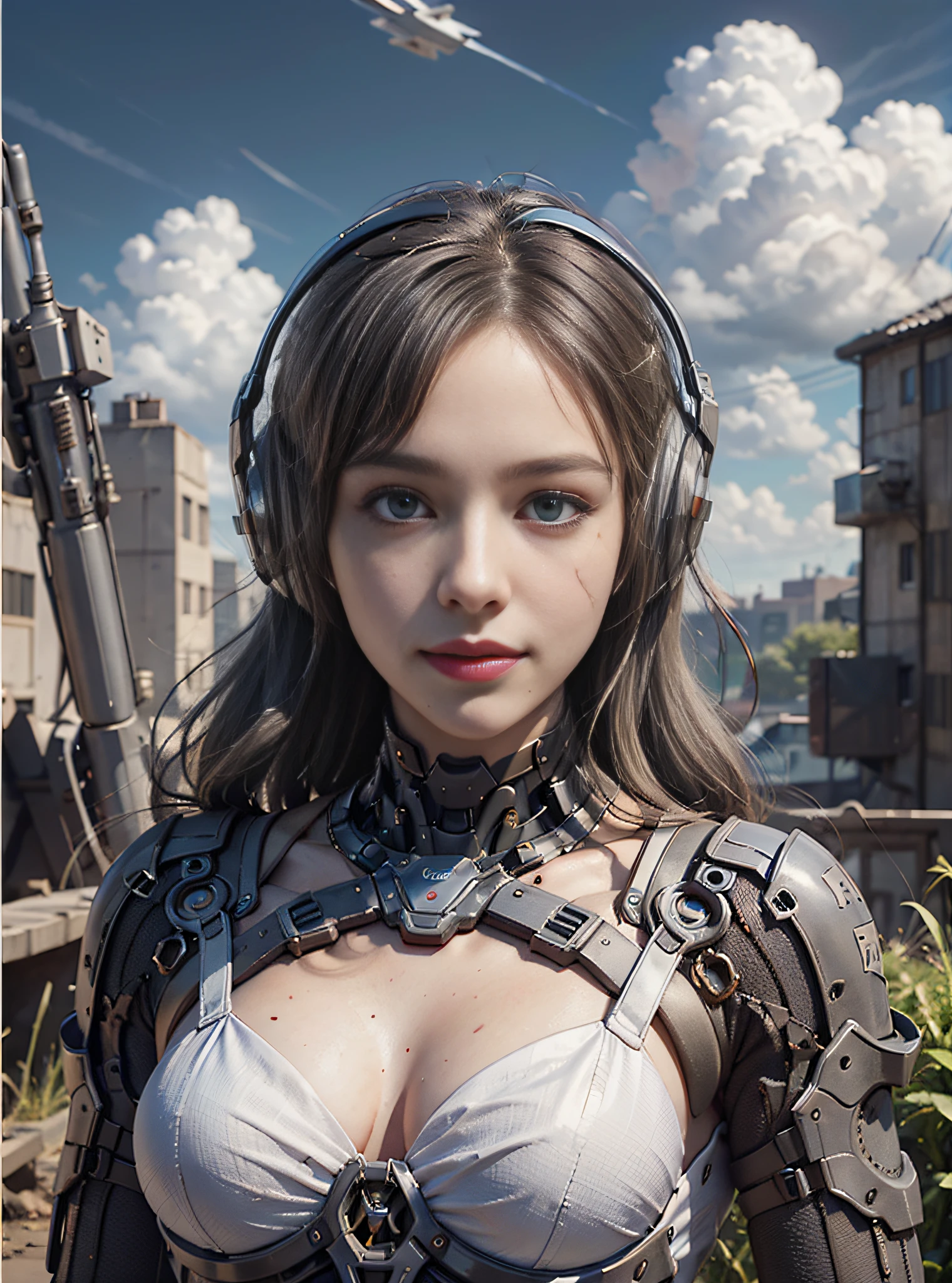 8K, Best Quality, Masterpiece, Ultra High Resolution, (Realism: 1.4), Girl Futuristic Battle Suit, Green Pupils, In the cockpit of a mecha, Cloudy background, Dark Clouds, Lightning, Background of Air Battlefield, Falling Airplane, Flying Anti-Aircraft Missiles, Exploding Flames, Mechanically Built Birds, Real Woman, Cleavage, Real Face, Cute Girl, Smile, Perfect Cyborg Girl, Wearing Sci-Fi Headphones, Beautiful Female , Beautiful Girl Cyborg, Silver Hair, Manipulator, CG ,