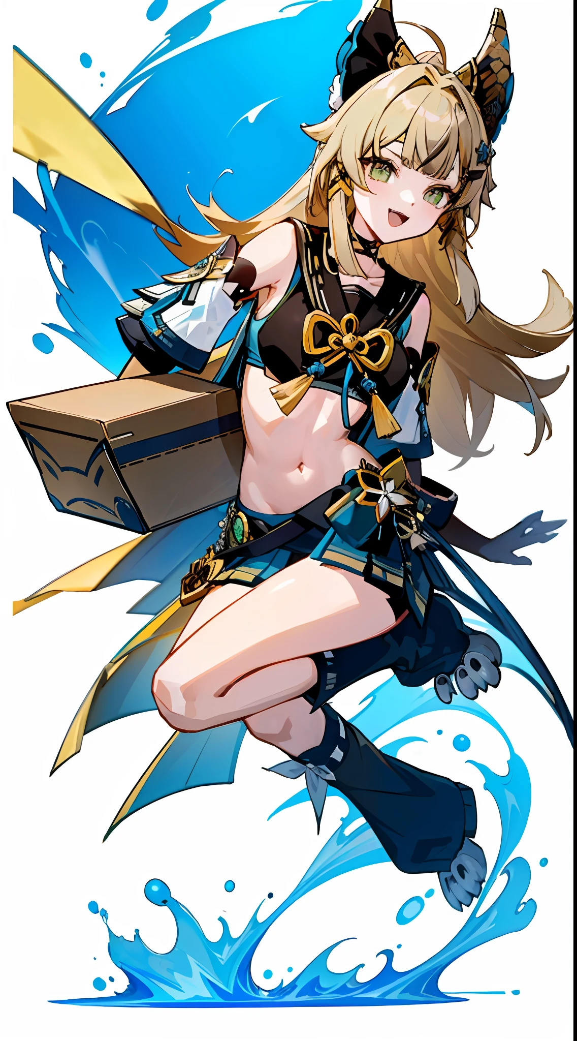 1girls,huge breasts green eyes,L'Officiel,Two tail,Claws,kirara,postman,(Bring the ordered package),full-body view,Looking from the side,facing straight ahead,extremely happy,anime girl with cat ears and a blue outfit holding a cat, kawacy, trending on artstation pixiv, anime goddess, 《genshinimpact》in the clear, from girls frontline, Ayaka Genshin impact, Fine details. Girl Front, detailed key anime art, Genshin, top rated on pixiv, shadowverse style, splash art anime loli,Blonde hair, gargantilha, fcollarbone, Detached sleeves, Green eyes, hair ornament, high legs, Long hair, navel, Open mouth, Smile, Solo,thighlet,kirara,duck sitting