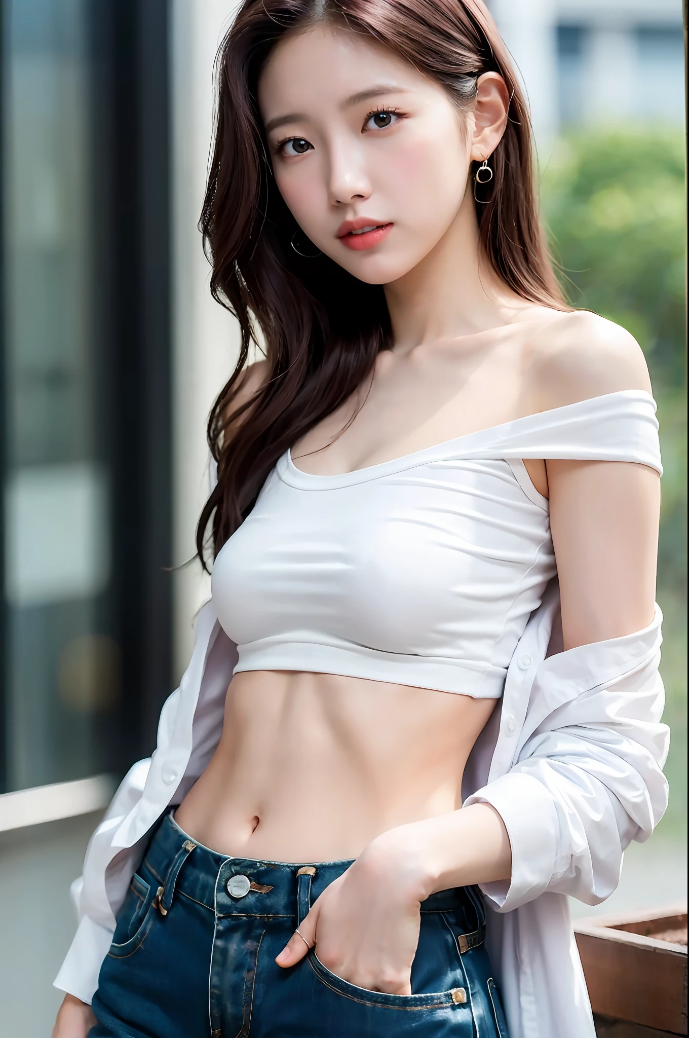 1girl, (Super:1.2), ((White shirt:1.2)), RAW Photos, (Photorealistic:1.37, Realistic), High Definition CG Unified 8K Wallpaper, Watch Viewer, ((Straight from Front))), (HQ Skin: 1.8), 8K UHD, DSLR, Soft Lighting, High Quality, Film Grain, FUJIFILM XT3, ((Upper Body: 1.6) ), (Pro Lighting: 1.6), from the bottom, emphasizing cleavage, off-shoulder, laugh