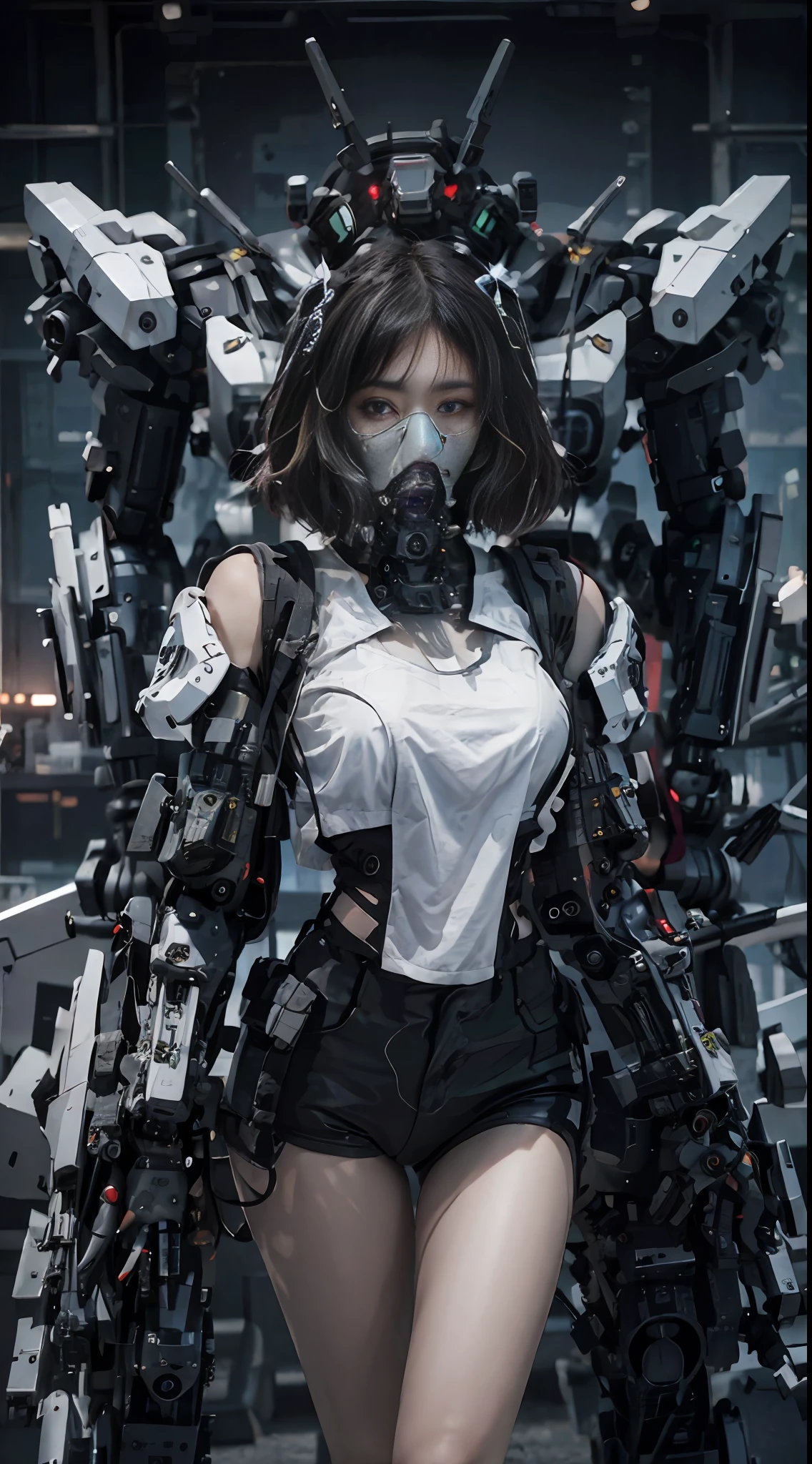 This is a CG Unity 8k wallpaper with ultra-detailed, high-resolution and top quality in cyberpunk style, dominated by black and red. In the picture, a beautiful girl with white messy short hair, a delicate face, wearing a steam mecha mask, standing on the ruins, behind her is a huge robot, and the action of a woman holding a heavy sniper rifle in her hand,