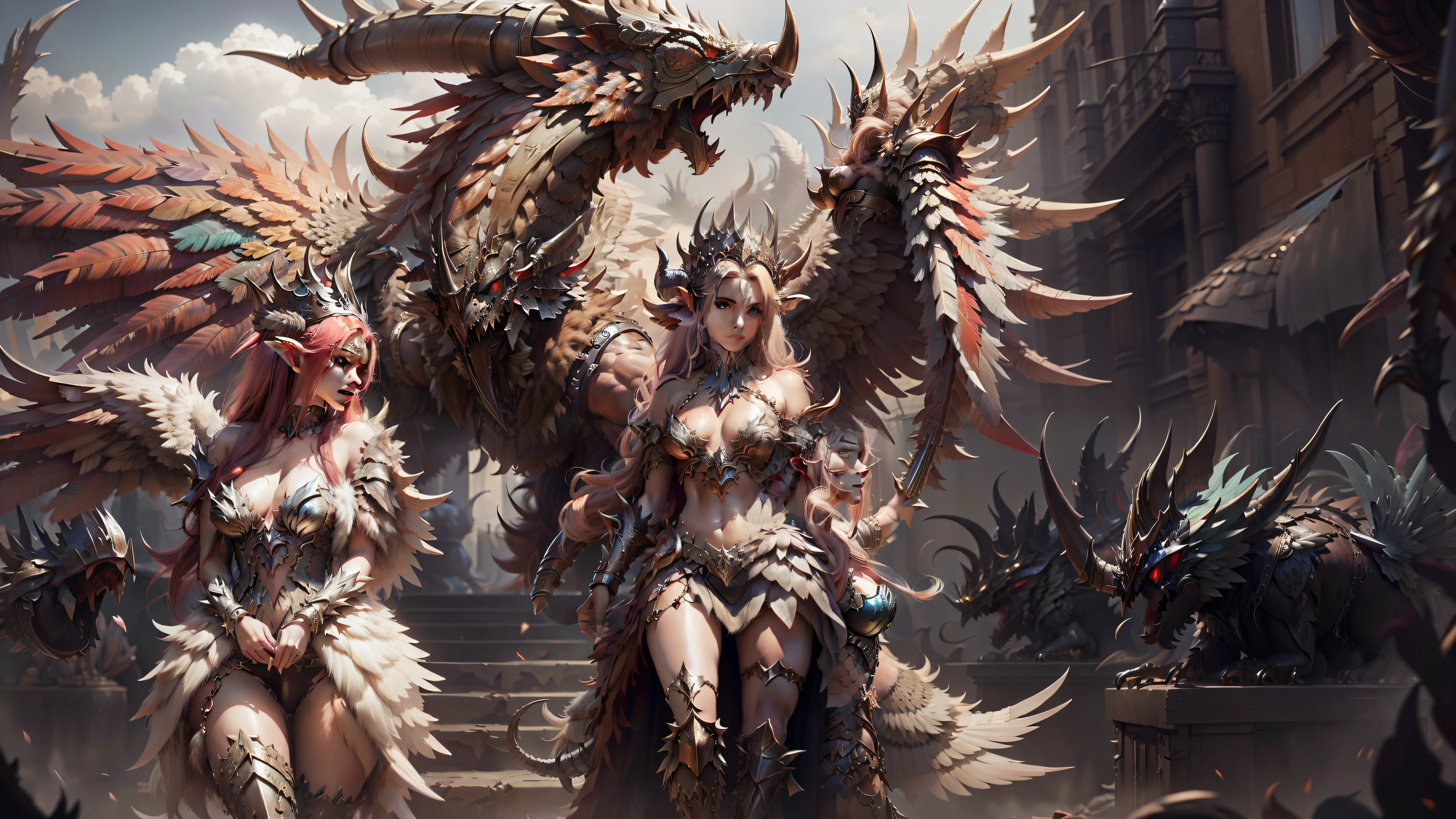 A demon queen with great wings on both sides and horns, on the right side and a Valkyrie on the left side with an impressive plumage, High, amazing detail
