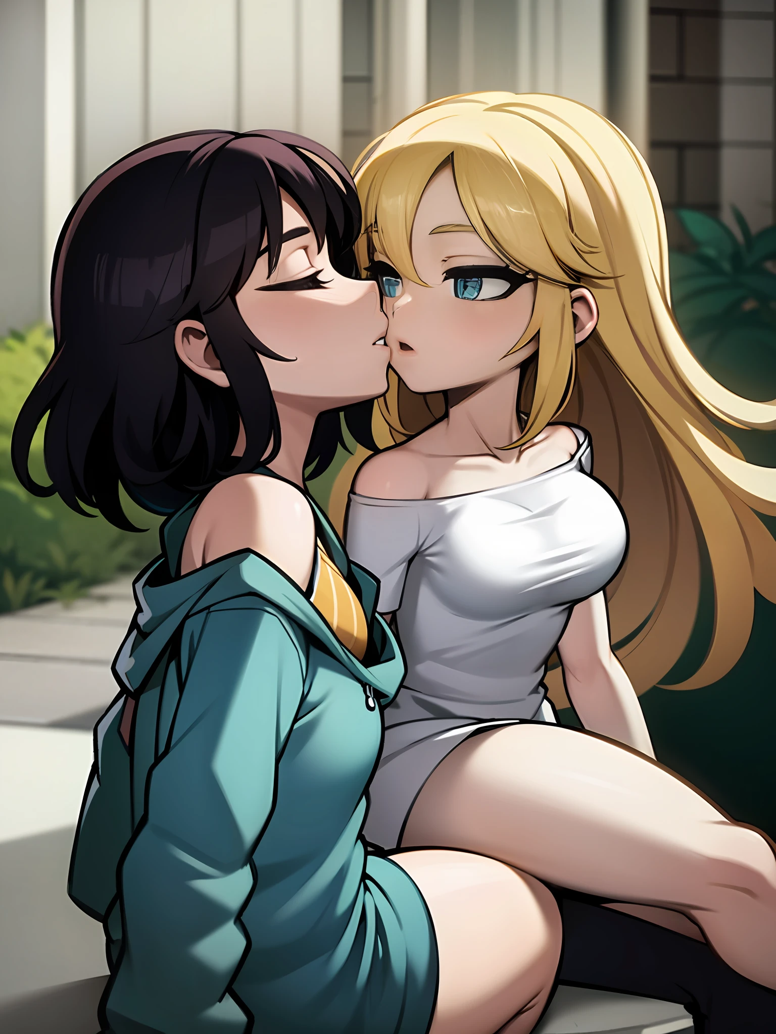 manga style pannel, 2 girls, sitting on lap, making out, kissing
