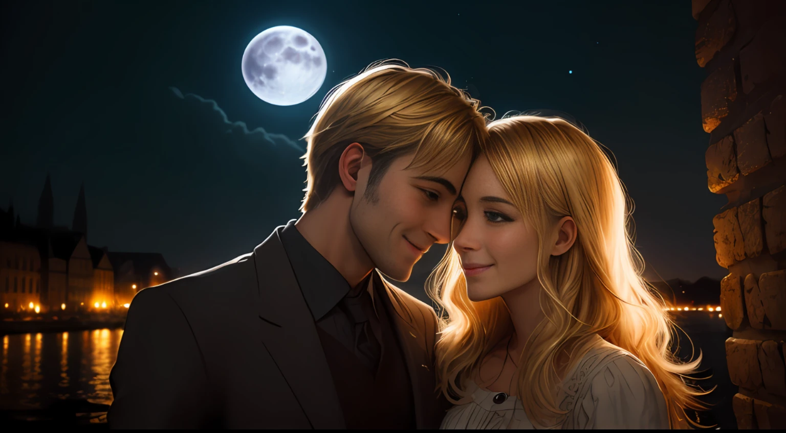 sexly,European and American couples, Blonde hair, Light brown hair, Smile, first person point of view, Eye level shots, Verism, viewfinder, Textured skin ,Full moon in the background --auto