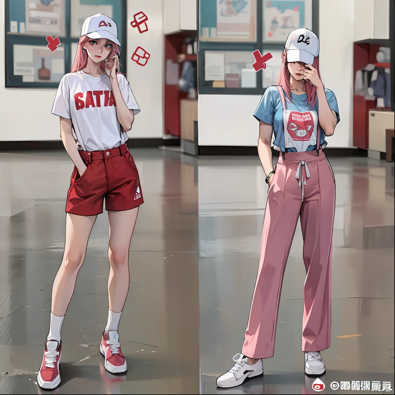 gal girl,Full body like,facefront,Positive face,Standing posture,long haired,Pink hair,natural lightin,in pink,red color,White in color,Summer outfits,parched,Suspenders,T shir。vests,an lingerie,Global light, the front view, Stylish,mannequin, fashion,Tide brand,Cutes,dreamlike,gargantilha,button,folds, delicated,Sequins,glistening shiny, Generate more detail,Light of Arizawa, modern day, style of anime,Two-dimensional, animel, modern day, afofuturism, View of whole room, concept arts, Ultra HDR, 杰作, ccurate, super detaill, high detailes, high qulity, best qualitiy, highly resolution,Without background,white backdrop