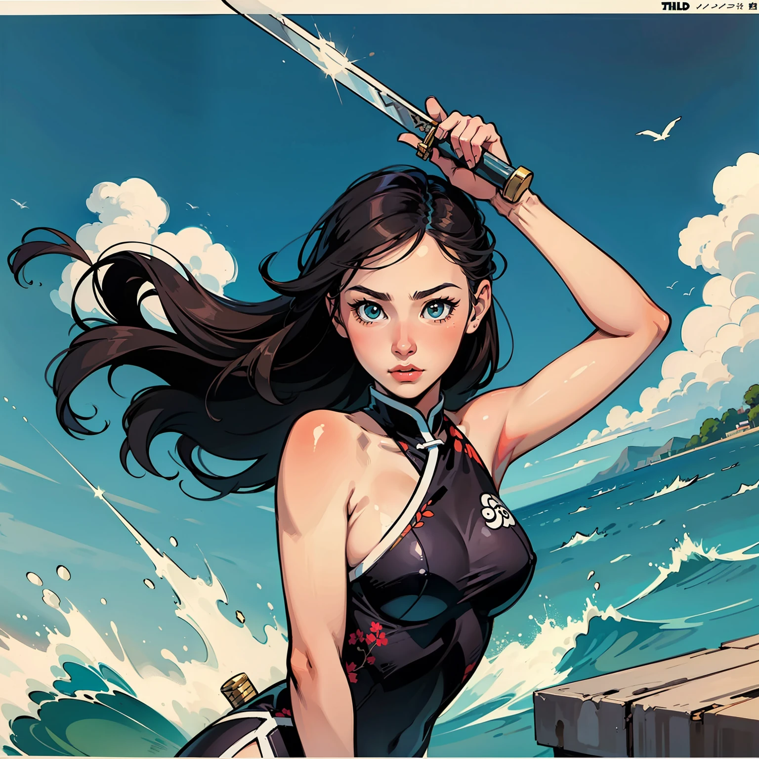 gal girl，Sword，caricature style，Three View，comic strip，Chinese wind，Japanese ，tidal current，sport，2-dimensional --auto