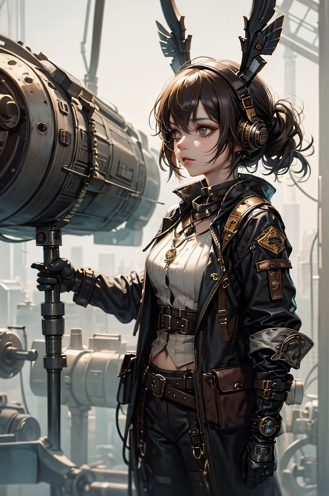 Steampunk girl standing in front of a strange tank, --auto