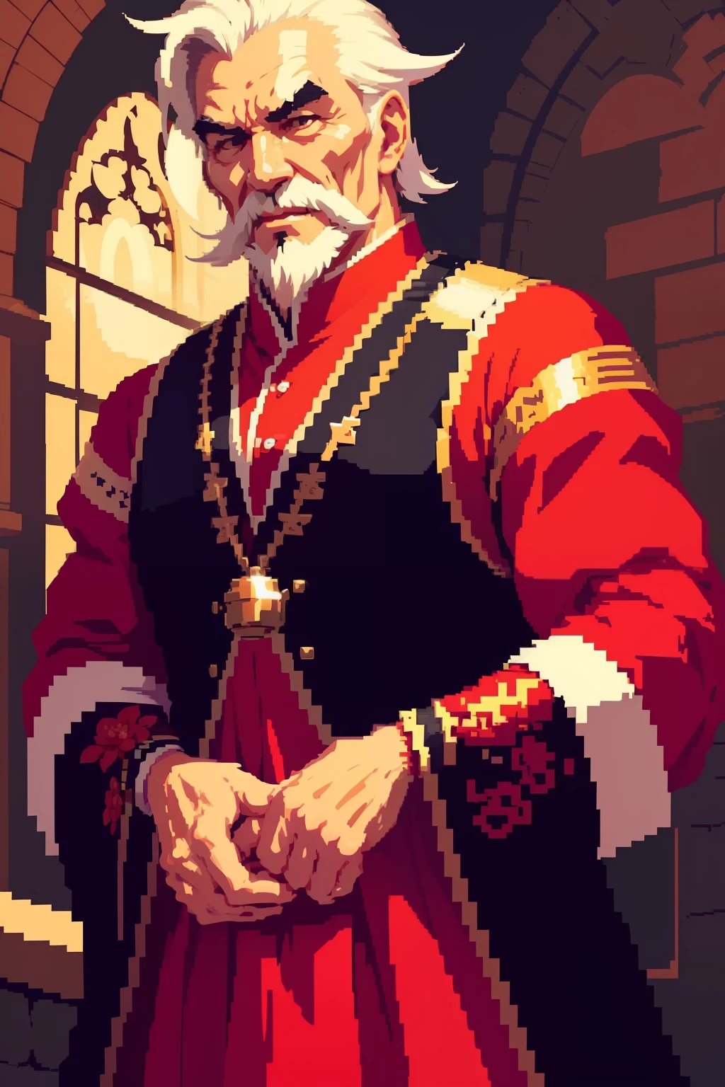 Older men,独奏,Simple solid color background,Stand up,Bust,baron,52 years old,gold hair、Touristy、Old,Red and black satin dress；,(巨作,Top quality,Best quality,pixels,Pixel art)