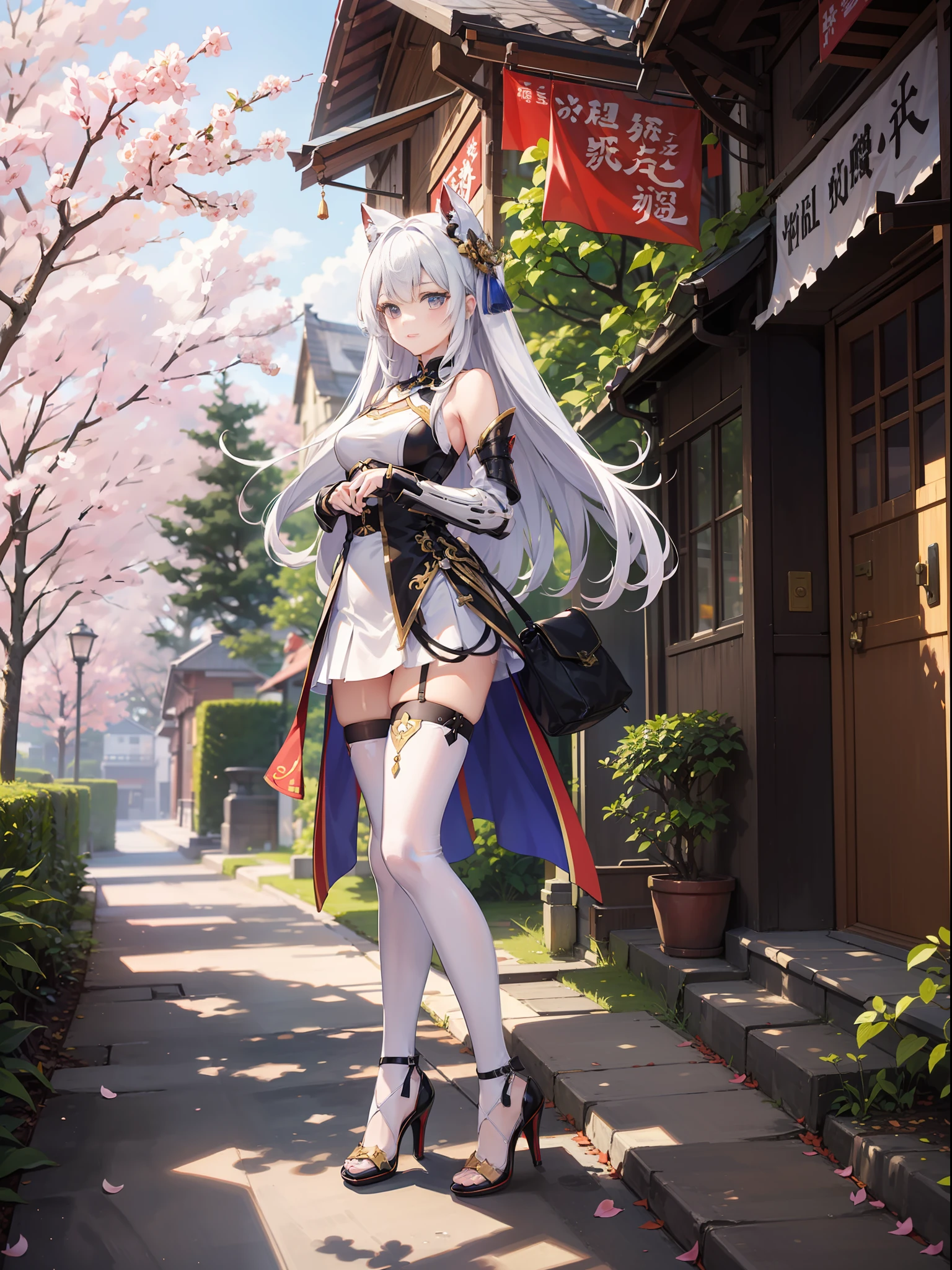 A very good quality，杰作，fantastically detailed，逼真，.A beautiful girl standing casually in front of cherry trees and mechs，centred，a whole body，machine armor，long haired，White miniskirt，clong legs，stilettos，looks at the camera，photographs