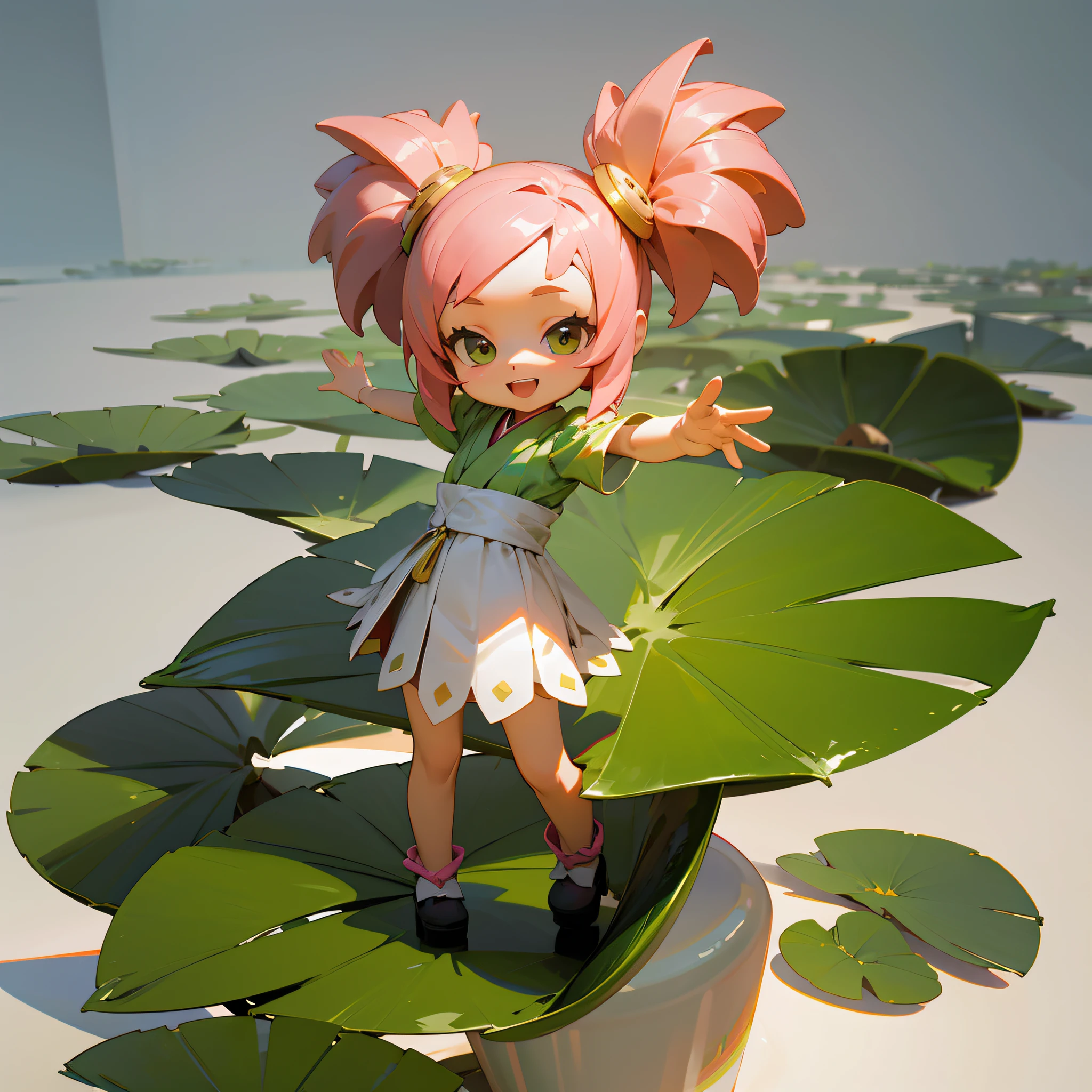 （Wearing lotus flowers），（Stand on a lotus leaf），pink hair，Green clothes，Lovely 3D rendering，Rejoice，Smile with，cute detailed digital art，adorable digital art，Cute cartoon character，cute digital painting，Cutes！C4D，cute character，Vogue Japan 3D，（white backdrop），Ultra detailded，Thanks to Zhiding，3D model of a Japanese mascot，Nendoroid 3D，cute forest creature