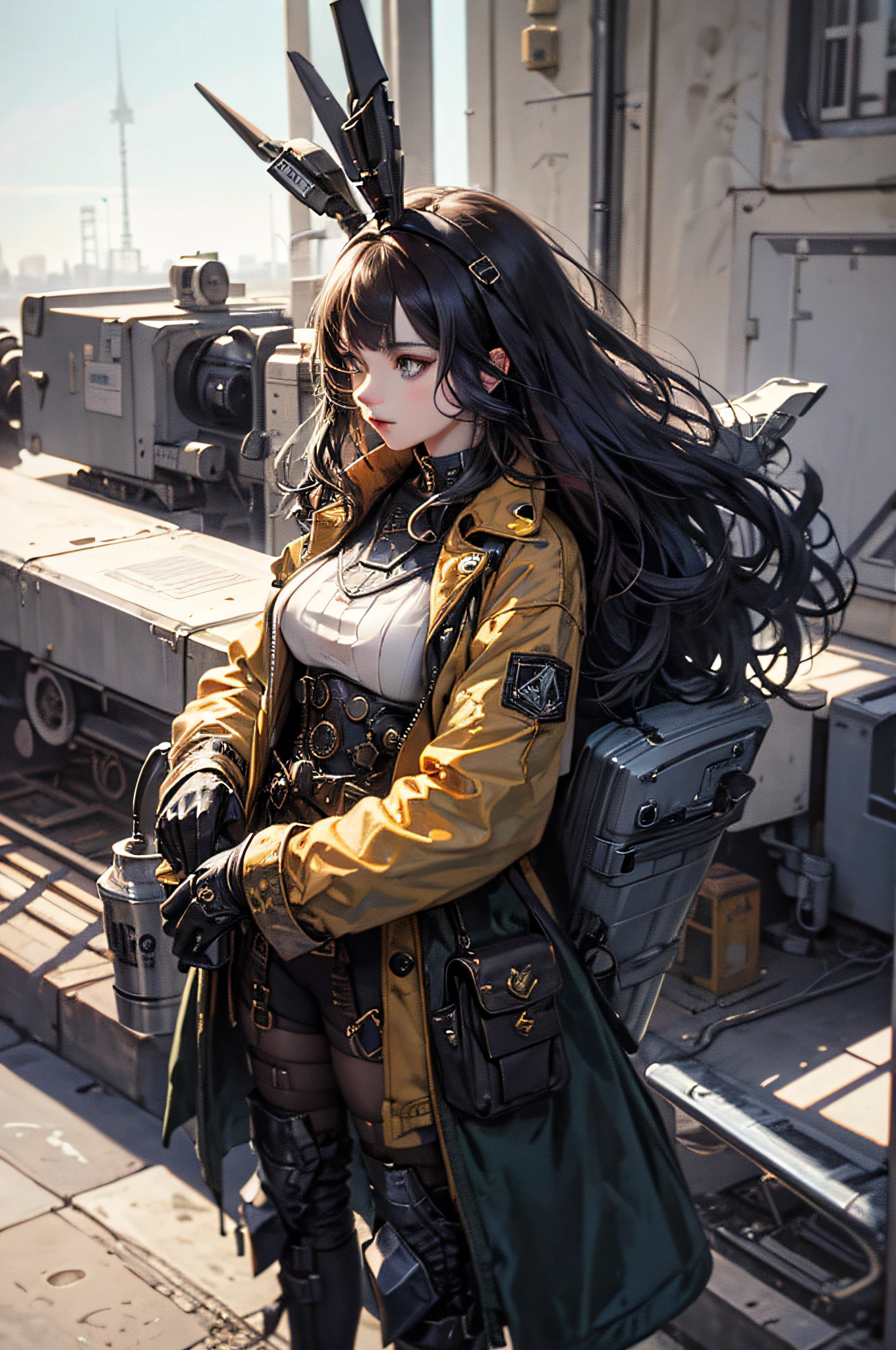 Steampunk girl standing in front of a strange tank, --auto
