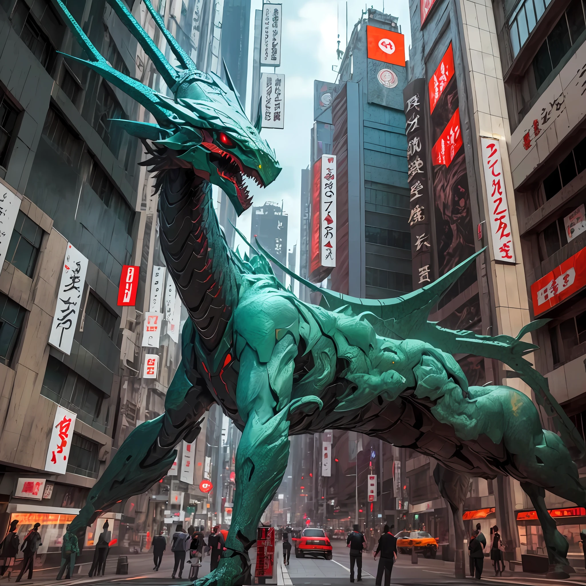 There is a huge purple alien in the city, giant anime mecha, in neotokyo, hyperrealistic photo of rayquaza, masterpiece work of art, in tokio, Giant sculpture, artist unknown, tokio futuristic in background, (neotokyo), cyberpunk gunma prefecture, in intergalactic japan, from the distance, public art