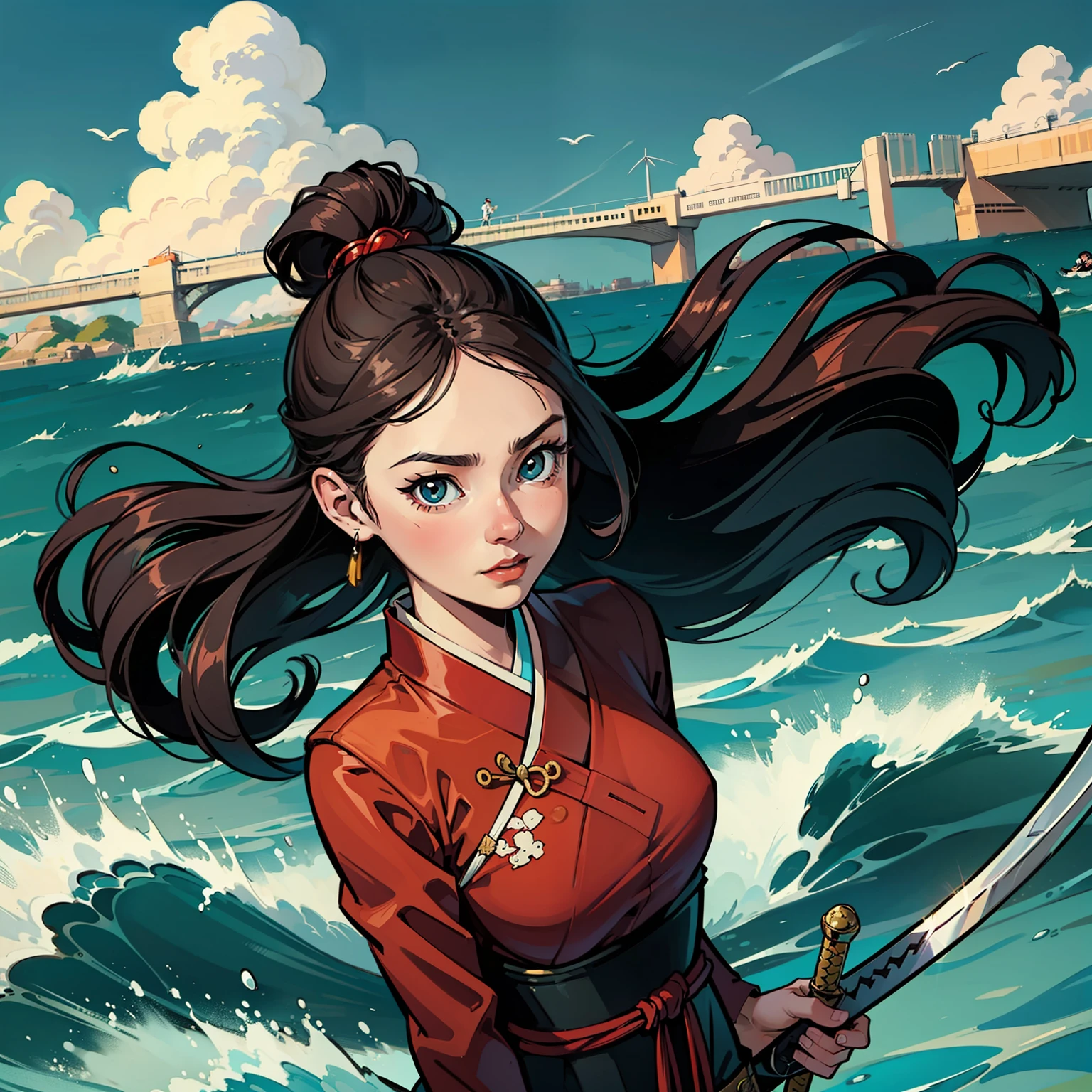 gal girl,Sword,caricature style,Three View,comic strip,Chinese wind,Japanese ,tidal current,sport,2-dimensional --auto
