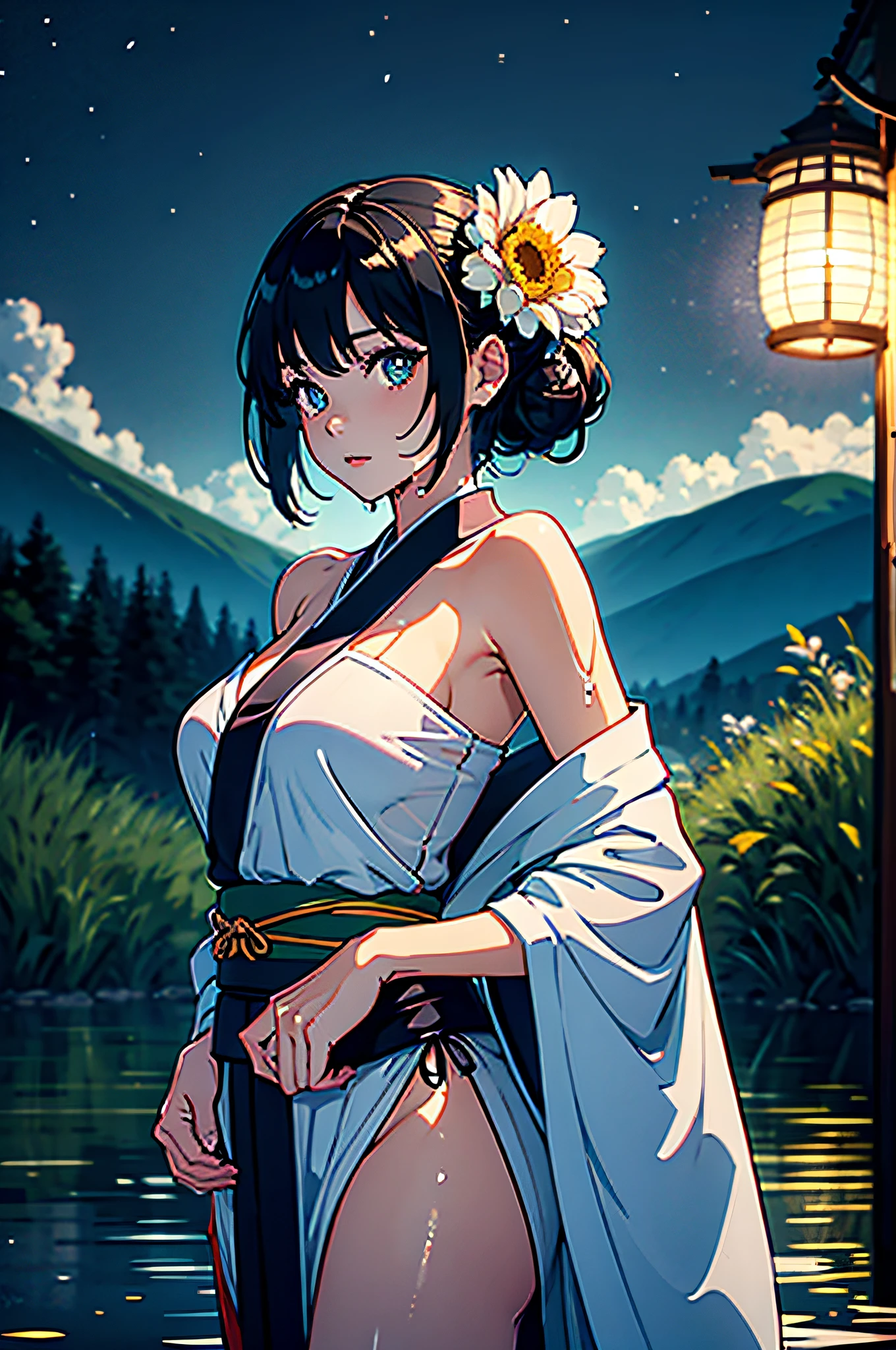 1girl, breasts, moon, lantern, night, solo, large breasts, hair ornament, wet, kimono, japanese clothes, wading, water, hair flower, flower, outdoors, sky, full moon, rain, black hair, off shoulder, mountain, cloud, holding, sash, bare shoulders, paper lantern, standing, white kimono, night sky, sideboob, obi, wet clothes, bangs, tree, from side, reflection, short hair, cloudy sky, wet hair (((masterpiece),(extremely detailed CG unity 8k wallpaper),best quality,,solo,1girl,cinematic lighting,detailed background,beautiful detailed eyes,bright pupils, (an extremely delicate and beautiful),(Beautiful and detailed eye description), ultra-detailed,masterpiece,)),