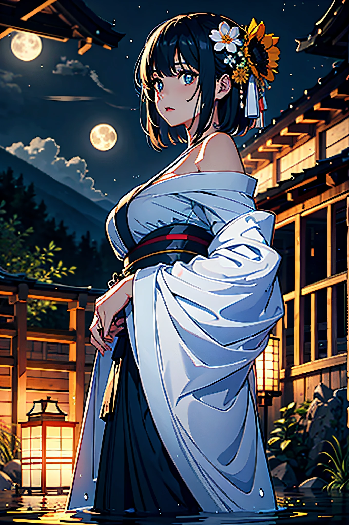 1girl, , moon, lantern, night, solo, large breastsornament, wet, kimono, japanese clothes, wading, water, hair flower, flower, outdoors, sky, full moon, rain, black hair, off shoulder, mountain, cloud, holding, sash, bare shoulders, paper lantern, standing, white kimono, night sky, sideboob, obi, wet clothes, bangs, tree, from side, reflection, short hair, cloudy sky, wet hair (((masterpiece),(extremely detailed CG unity 8k wallpaper),best quality,,solo,1girl,cinematic lighting,detailed background,beautiful detailed eyes,bright pupils, (an extremely delicate and beautiful),(Beautiful and detailed eye description)， ultra-detailed,masterpiece,)),