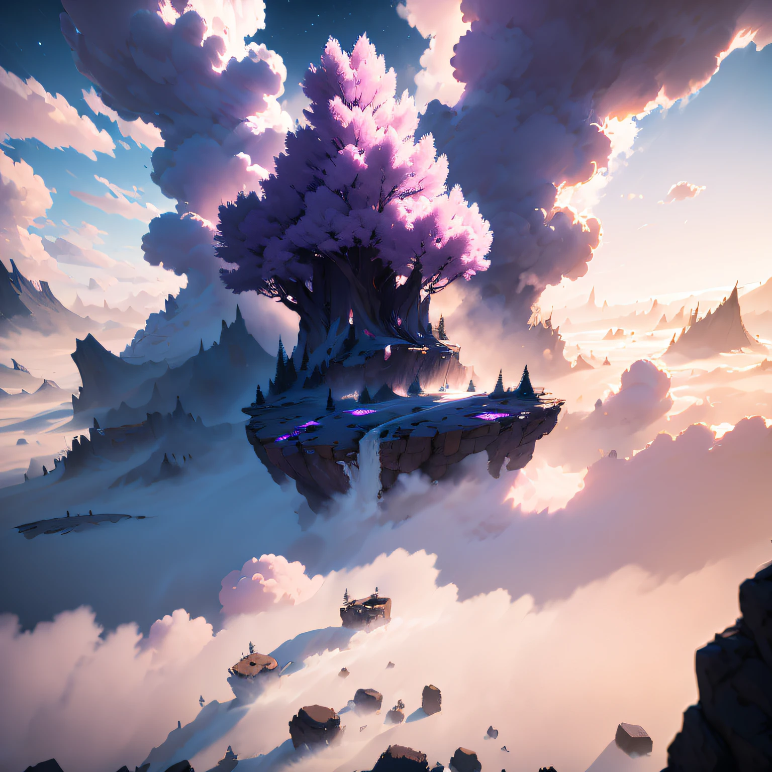 Outer space area，Large purple tree on a cloud，The mist was everywhere，电影光感，The perspective is exaggerated，Cobalt blue sky background，（Giant purple-pink tree）Delicate semi-realistic，raytraced，high-definition，Detail portrayal，The texture is delicate，Complex details，The high-contrast，Panorama composition，Perfect light and shadow，unrealengine，CG rendering，The ultra-great resolution，8K HD，（（（杰作））），（（（best qualitiy））（Ultra detailded）（Detailed lighting）（（unexpressive））（杰作）（best qualitiy）（Ultra detailded）（Detailed light）