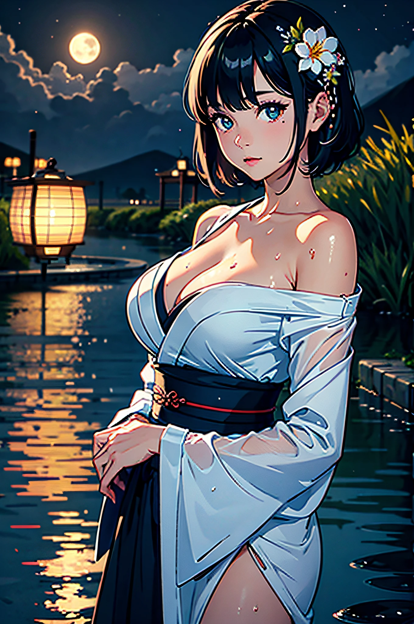 1girl, breasts, moon, lantern, night, solo, large breasts, hair ornament, wet, kimono, japanese clothes, wading, water, hair flower, flower, outdoors, sky, full moon, rain, black hair, off shoulder, mountain, cloud, holding, sash, bare shoulders, paper lantern, standing, white kimono, night sky, sideboob, obi, wet clothes, bangs, tree, from side, reflection, short hair, cloudy sky, wet hair (((masterpiece),(extremely detailed CG unity 8k wallpaper),best quality,,solo,1girl,cinematic lighting,detailed background,beautiful detailed eyes,bright pupils, (an extremely delicate and beautiful),(Beautiful and detailed eye description)， ultra-detailed,masterpiece,)),