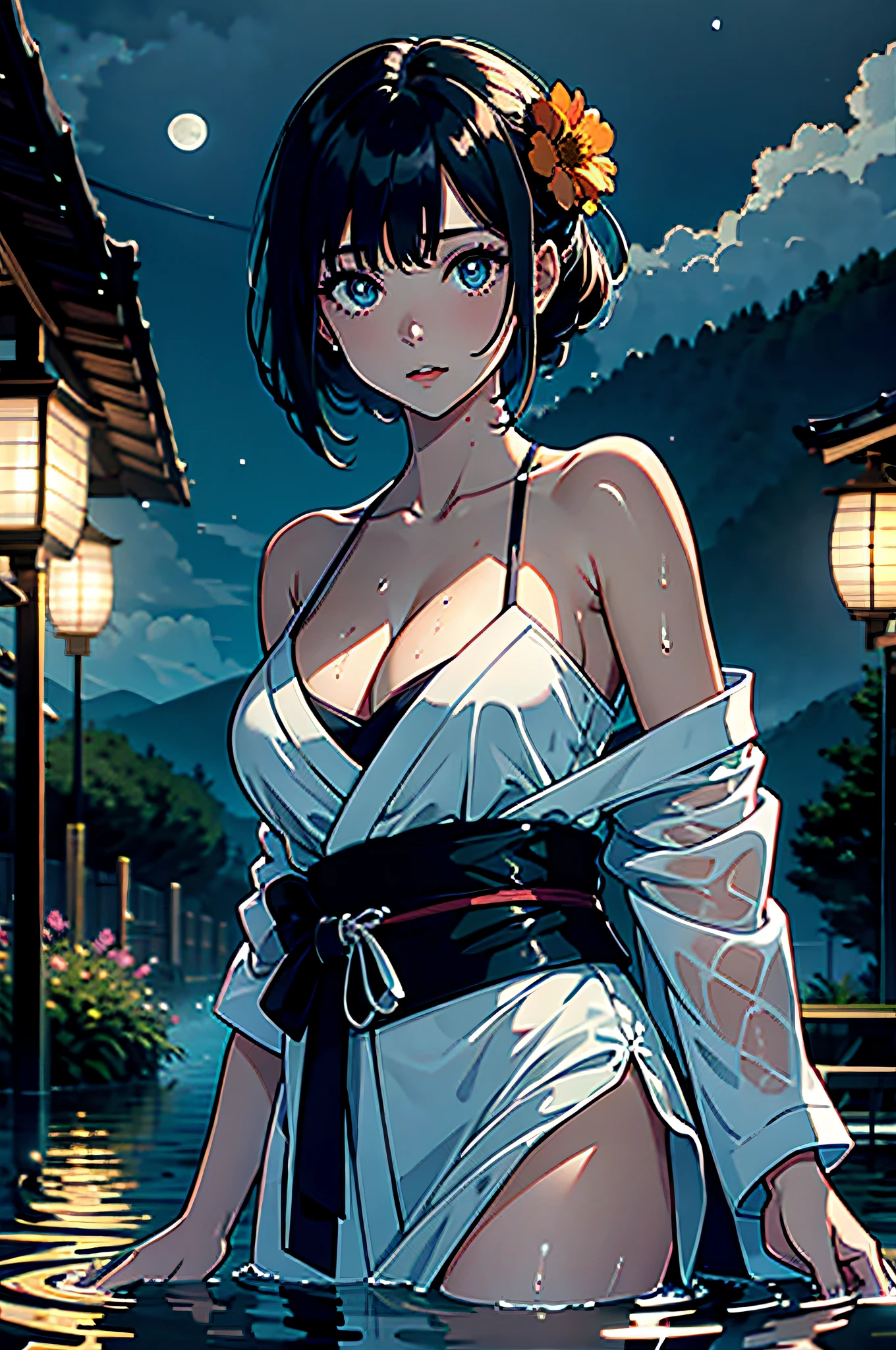 1girl, breasts, moon, lantern, night, solo, large breasts, hair ornament, wet, kimono, japanese clothes, wading, water, hair flower, flower, outdoors, sky, full moon, rain, black hair, off shoulder, mountain, cloud, holding, sash, bare shoulders, paper lantern, standing, white kimono, night sky, sideboob, obi, wet clothes, bangs, tree, from side, reflection, short hair, cloudy sky, wet hair (((masterpiece),(extremely detailed CG unity 8k wallpaper),best quality,,solo,1girl,cinematic lighting,detailed background,beautiful detailed eyes,bright pupils, (an extremely delicate and beautiful),(Beautiful and detailed eye description), ultra-detailed,masterpiece,)),