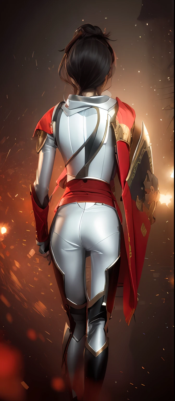 Background of a beautiful woman，black color hair，Red scarf，red sash，Bronzed armor，Black gold shield（Skull）