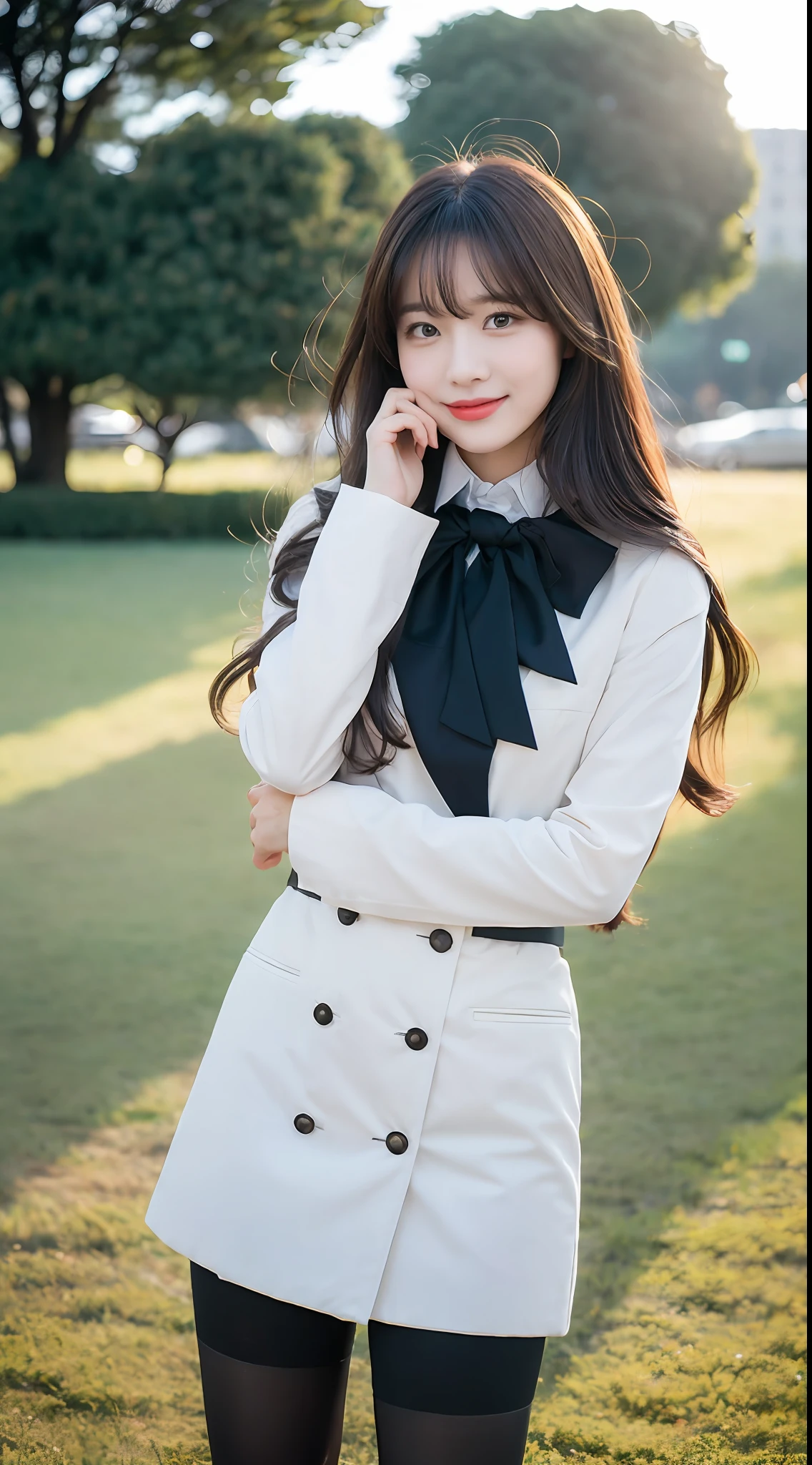 (1 Korean star with royal sister style), ((Best quality, 8K, 巨作: 1.3)), focal point: 1.2, Perfect body beauty: 1.4, (Smile), (Sunset: 1.3), Watery eyes, highly detailed face and skin textures, Fine eyes, Double eyelids, Whitens the skin, (Long hair, Air bangs: 1.3), (Round face: 1.5), (Uniform: 1.4), (Stand in the park: 1.6),(Black stockings: 1.4),(film grain style:1.3),a sense of atmosphere