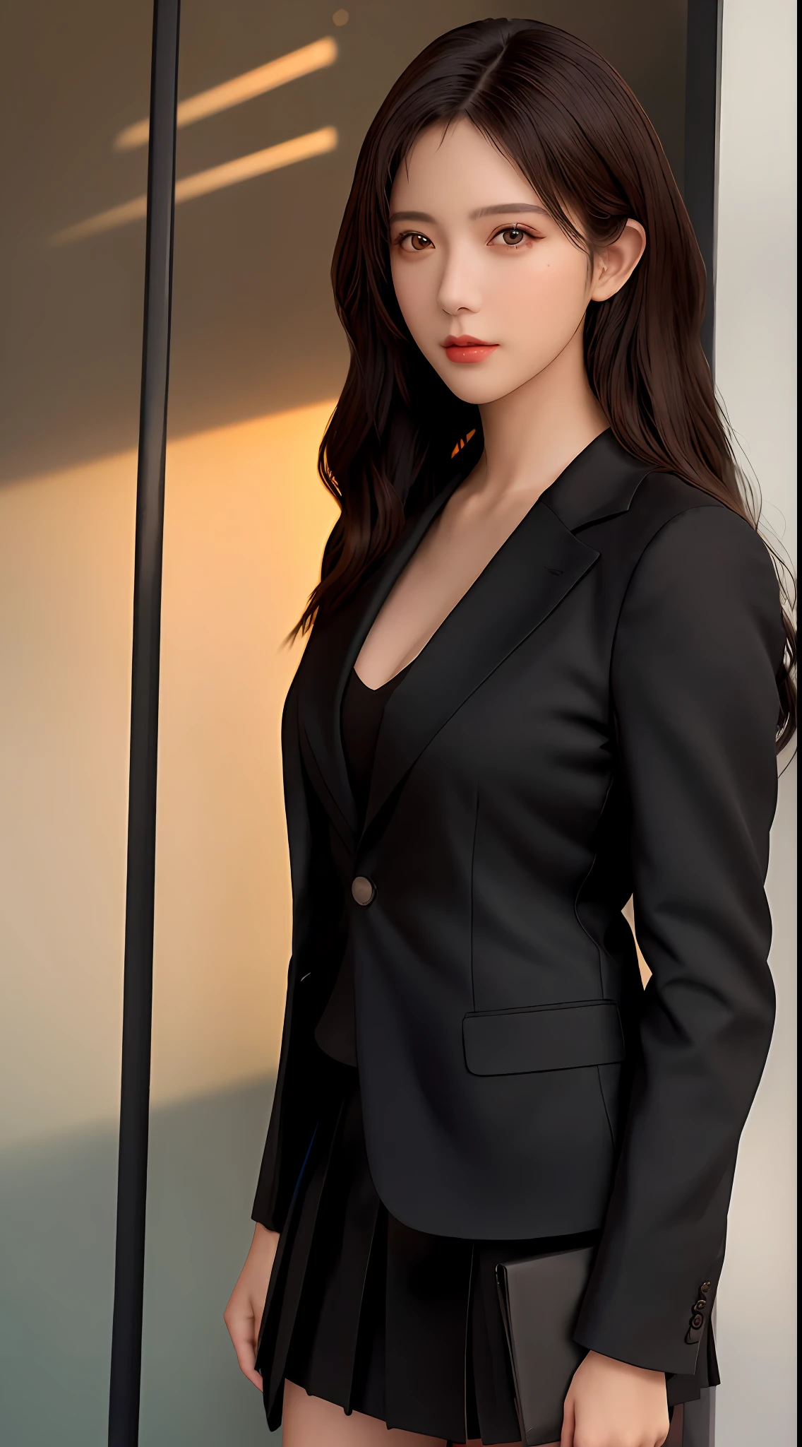 best quality, masterpiece, 1girl, Beautiful face, (photo realistic:1.3), rim lighting, (high detailed skin:1.2), 8k uhd, dslr, high quality, high resolution, 4k, 8k, Bokeh,  absurdres, best ratio four finger and one thumb, (realistic:1.3), cute 1girl, wearing black formal blazer, medium breasts, short skirt,