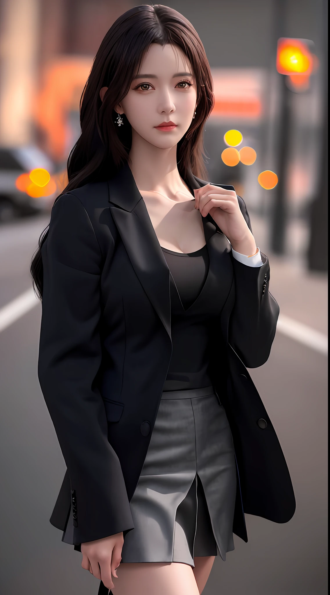 best quality, masterpiece, 1girl, Beautiful face, (photo realistic:1.3), rim lighting, (high detailed skin:1.2), 8k uhd, dslr, high quality, high resolution, 4k, 8k, Bokeh, absurdres, best ratio four finger and one thumb, (realistic:1.3), cute 1girl, wearing black formal blazer, medium breasts, short skirt,