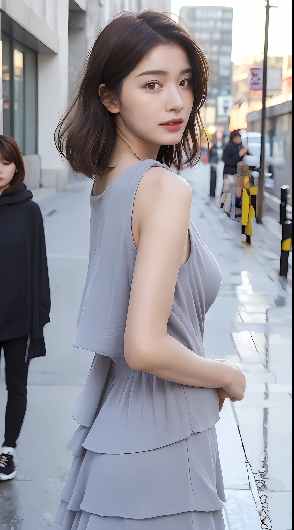 ((Best Quality, 8K, Masterpiece:1.3)), Focus: 1.2, Perfect Body Beauty: 1.4, Buttocks: 1.2, ((Layered Haircut, Breasts: 1.2)), (Wet Clothes: 1.1) , (Rain, Street:1.3), Bandeau Dress: 1.1, Highly Detailed Face and Skin Texture, Delicate Eyes, Double Eyelids, Whitened Skin, Long Hair
