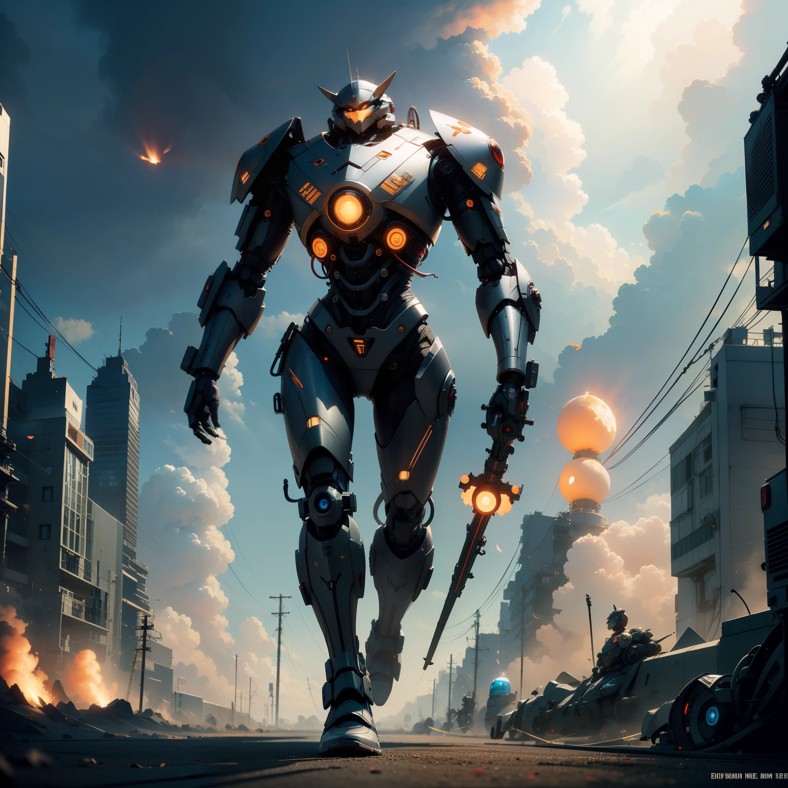 Masterpiece, Best Quality, Mecha, No Humans, (Full Body), (Black Armored Mech: 1.5), (Axisymmetry: 1.4), (HDR), (Cinematic Light: 1.1), Blue Eyes, Science Fiction, Fire, Laser Beam, War, Conflict, Destroyed City Background Armed with a weapon, (holding a huge weapon: 1.5), Holding a very large shield, Mecha Maiden,