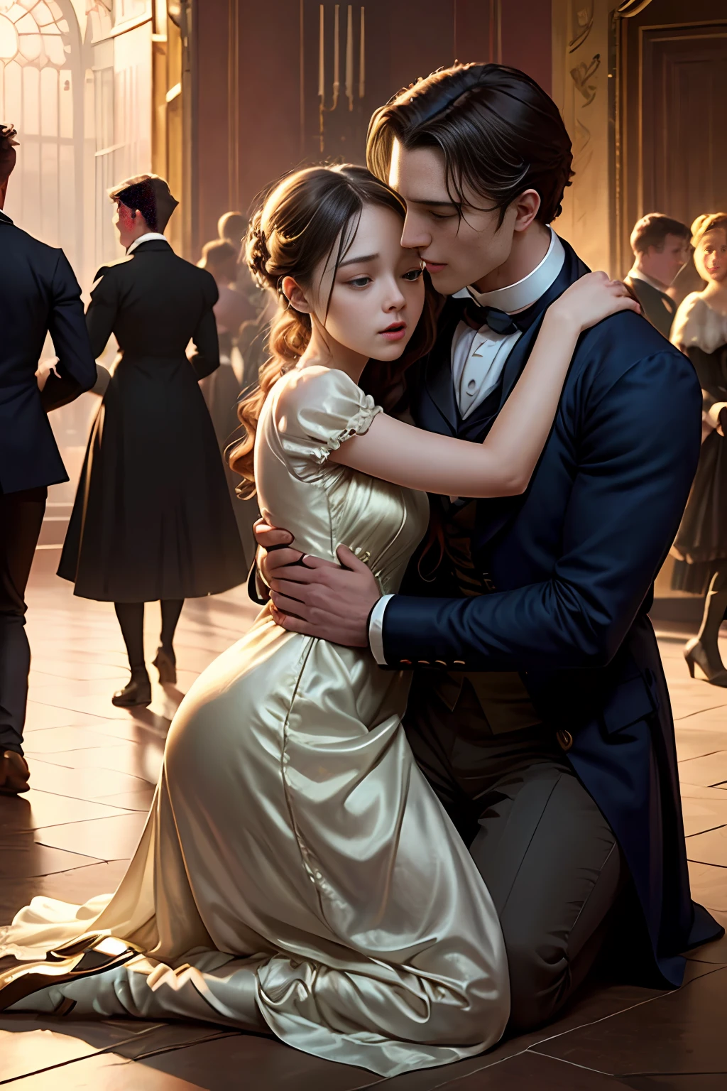 Masterpiece, Highly detailed, Super realistic,Detailed background, Bright lighting, Daylight,
Beautiful face, Beautiful eyes, Middle Ages style, 1girl and 1boy,
(A girl faints and collapses at a party、A man hugs in a hurry),
(Victorian luxury party dresses),(Full body image)、